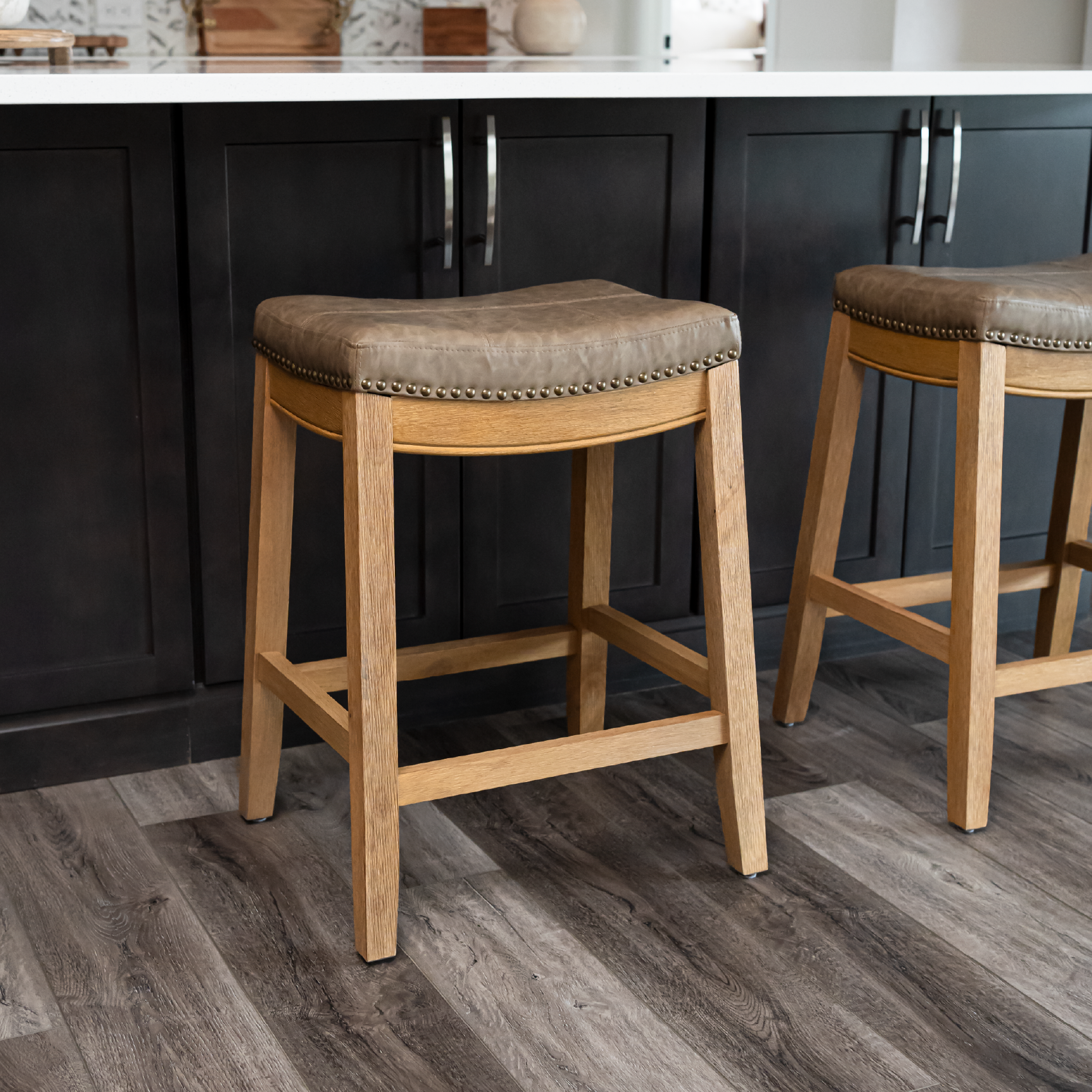 Sophia Saddle Backless Counter Height Kitchen Stool - Aged Natural Finish with Desert Tan Vegan Leather