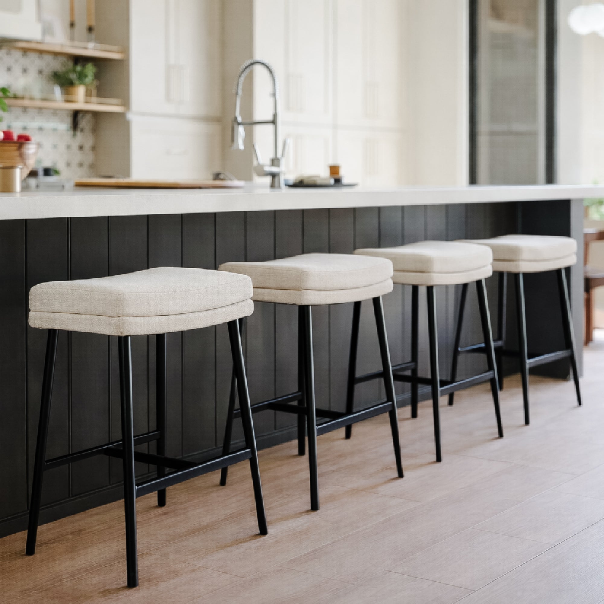 Berkley Counter Height Saddle Stool – Beige Fabric & Matte Black in Maven Lane by Maven Lane