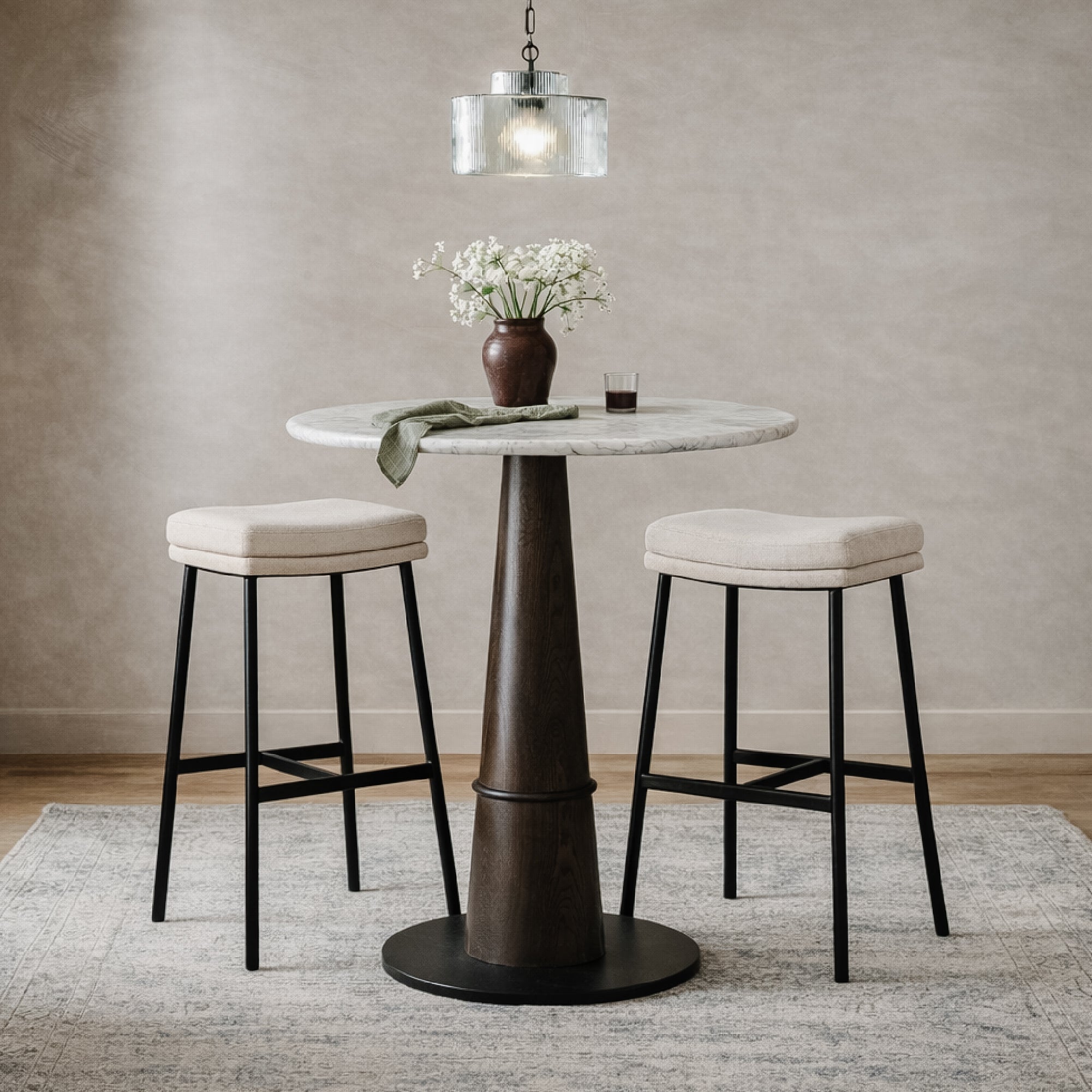 Berkley Bar Height Saddle Stool – Beige Fabric & Matte Black in Maven Lane by Maven Lane