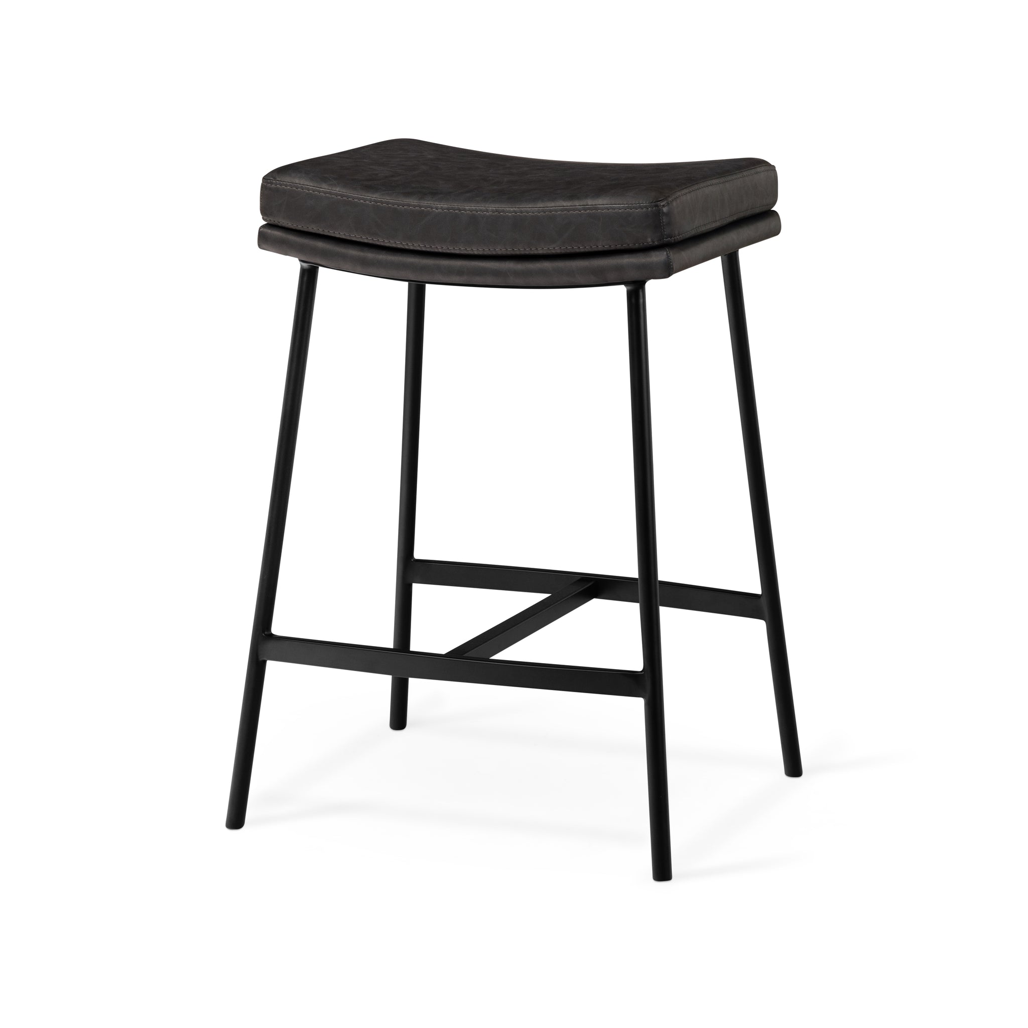 Berkley Counter Height Saddle Stool – Charcoal Faux Leather & Matte Black in Maven Lane by Maven Lane