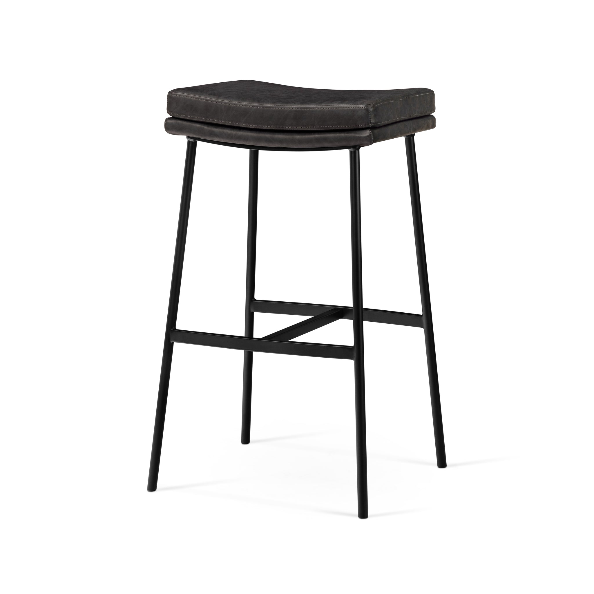 Berkley Bar Height Saddle Stool – Charcoal Faux Leather & Matte Black in Maven Lane by Maven Lane