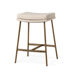 Berkley Counter Height Saddle Stool – Beige Fabric & Aged Gold in Maven Lane by Maven Lane