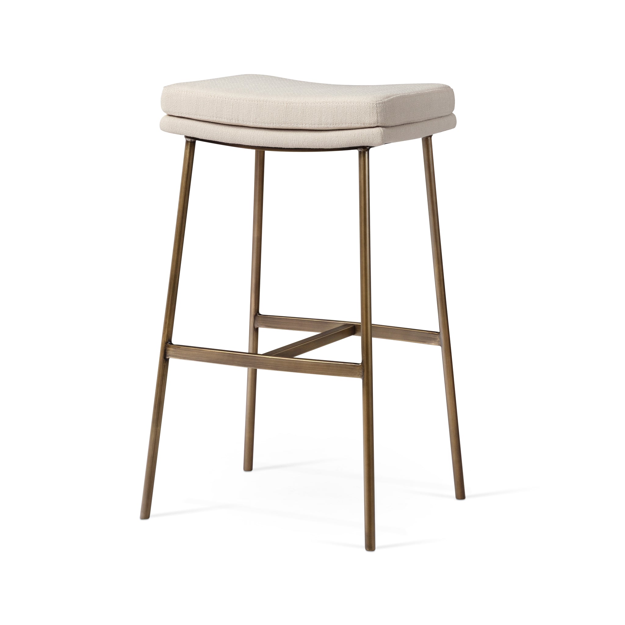 Berkley Bar Height Saddle Stool – Beige Fabric & Aged Gold in Maven Lane by Maven Lane
