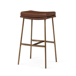 Berkley Bar Height Saddle Stool – Brown Faux Leather & Aged Gold in Maven Lane by Maven Lane