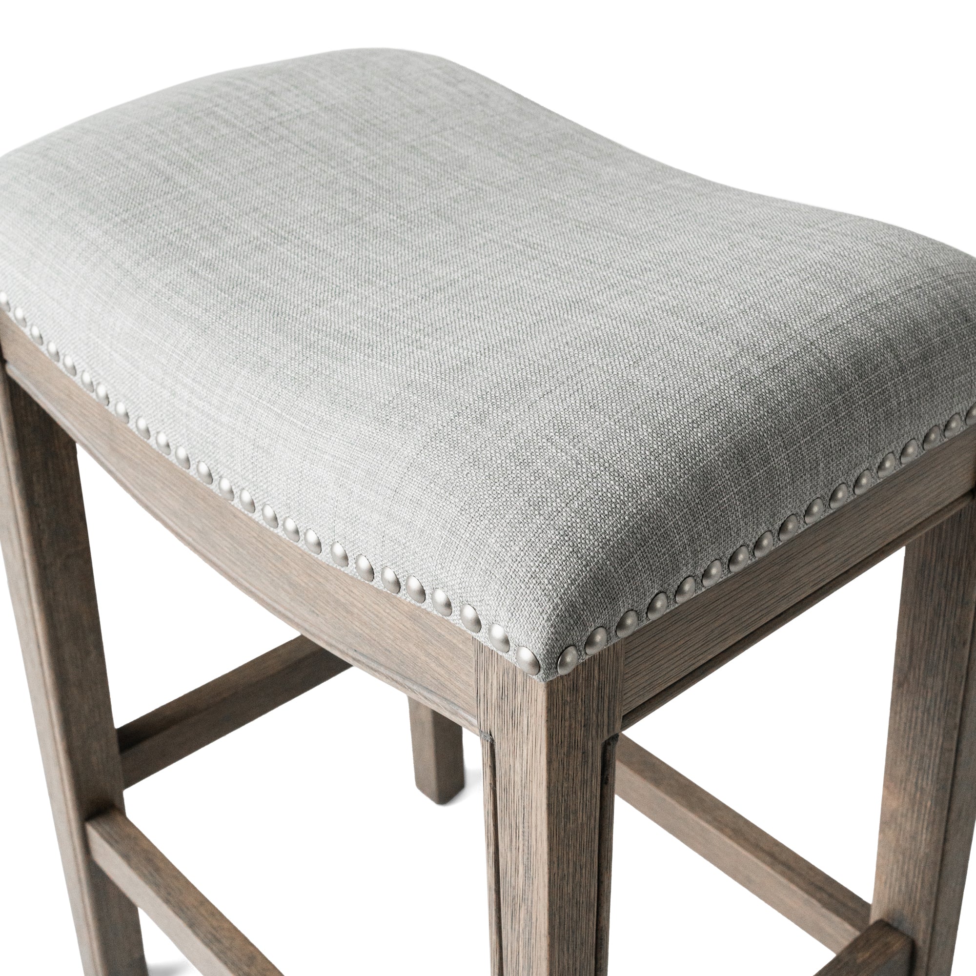 Adrien Saddle Counter Height Kitchen Stool - Reclaimed Oak Finish With Ash Grey Fabric Upholstery in Stools by Maven Lane