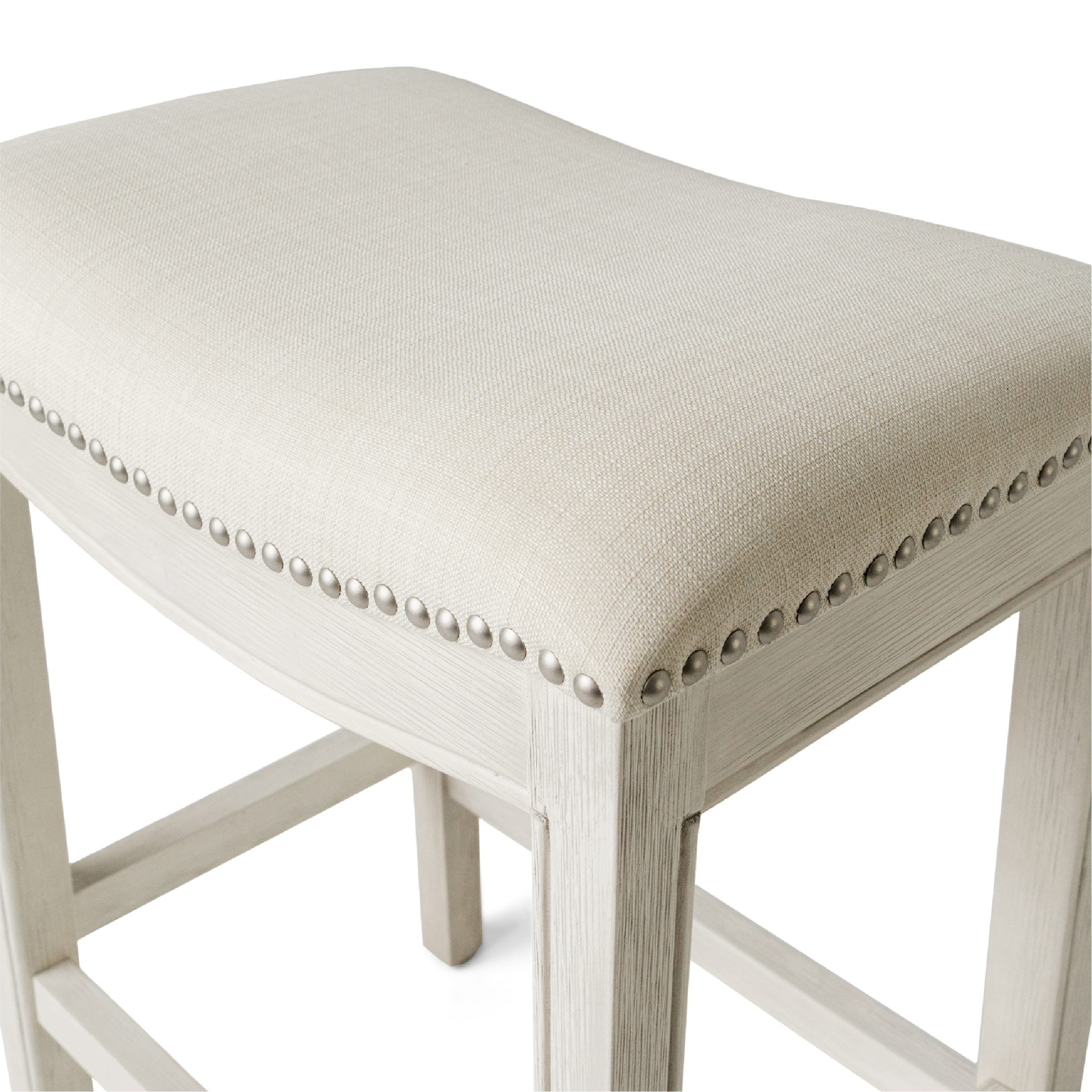 Adrien Saddle Bar Stool In White Oak Finish With Natural Fabric Upholstery in Stools by Maven Lane