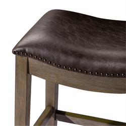 Adrien Saddle Counter Stool in Brown Finish with Dark Brown Faux Leather in Stools by Maven Lane