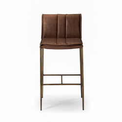 Gerard Bar Stool in Aged Gold Finish with Brown Faux Leather in Stools by Maven Lane