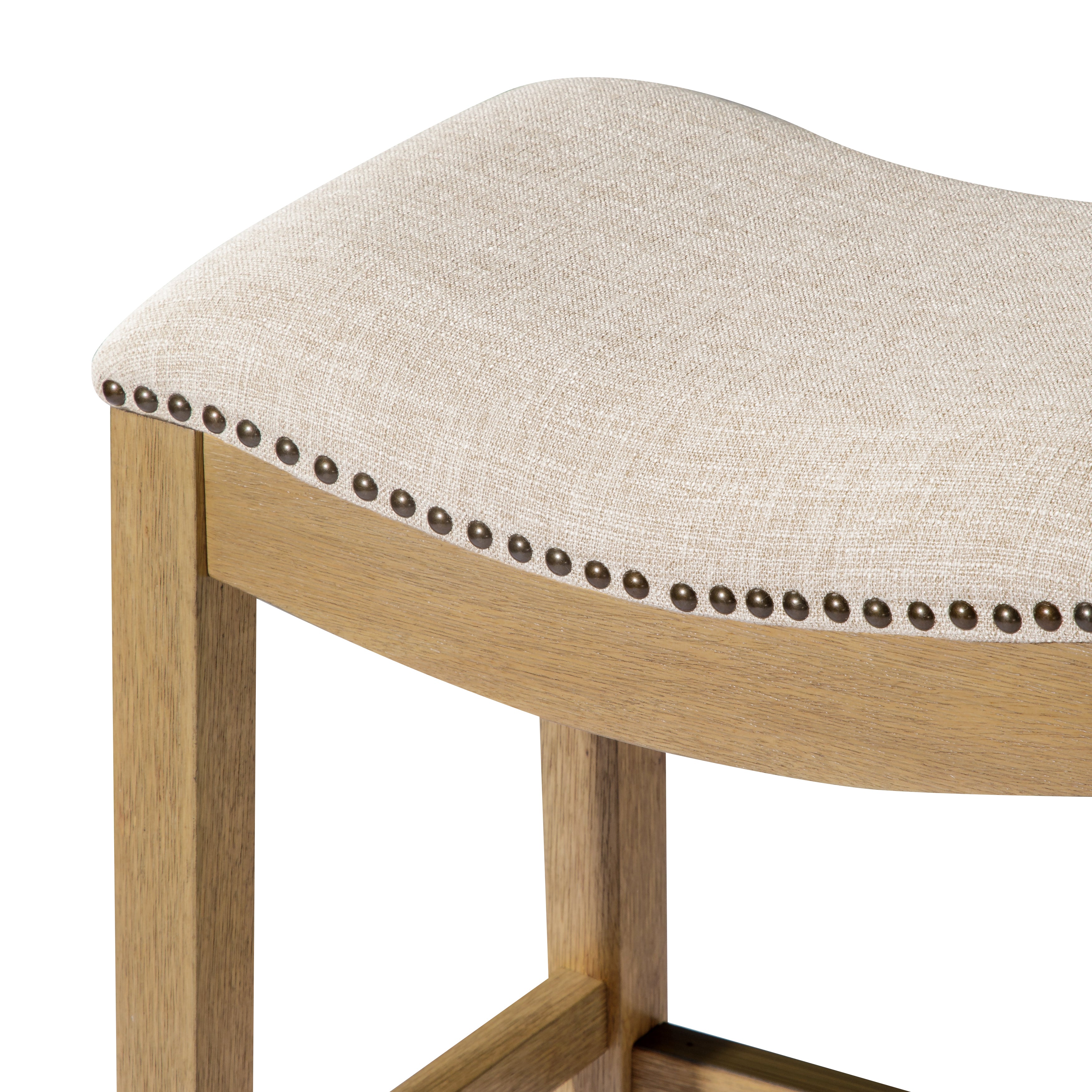 Alex Bar Stool In Aged Natural Finish With Wheat Fabric Upholstery in Stools by Maven Lane