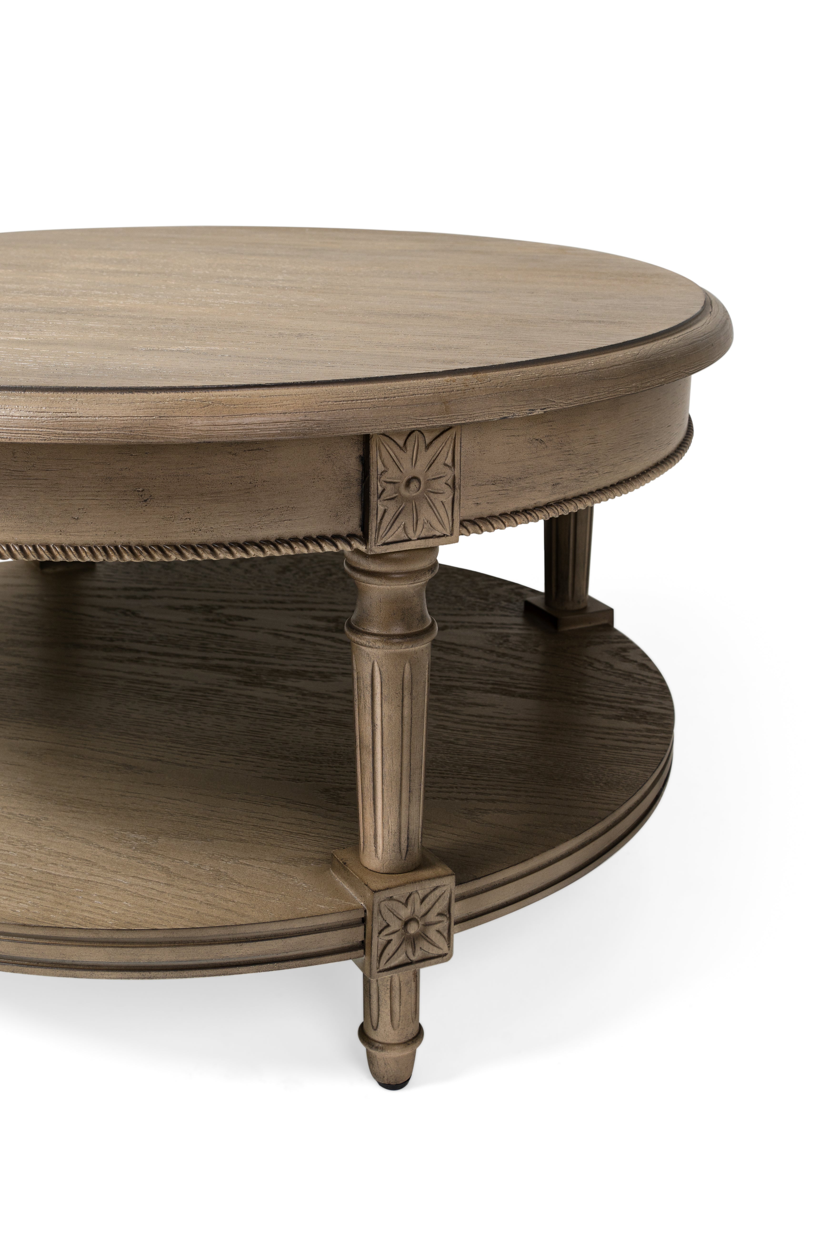 Pullman Traditional Round Wooden Coffee Table in Antiqued Grey Finish in Accent Tables by Maven Lane