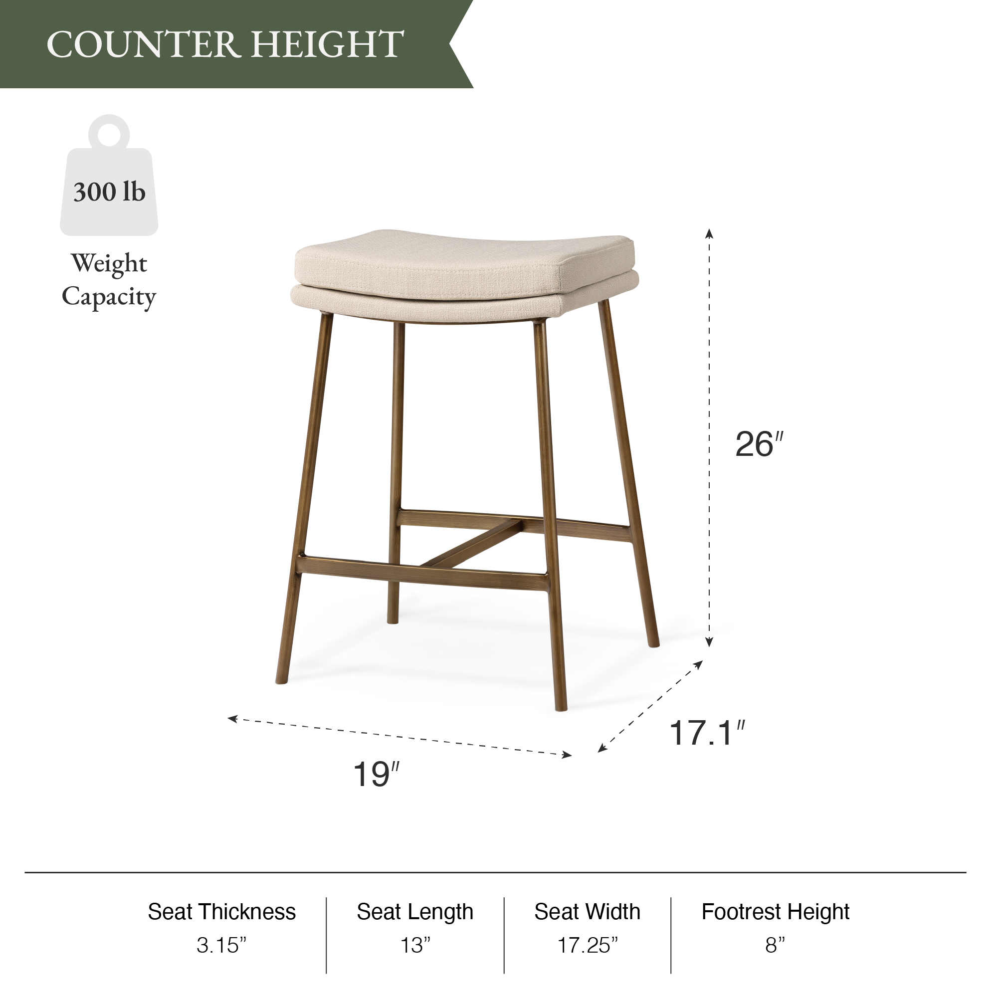 Berkley Counter Height Saddle Stool – Beige Fabric & Aged Gold in Maven Lane by Maven Lane