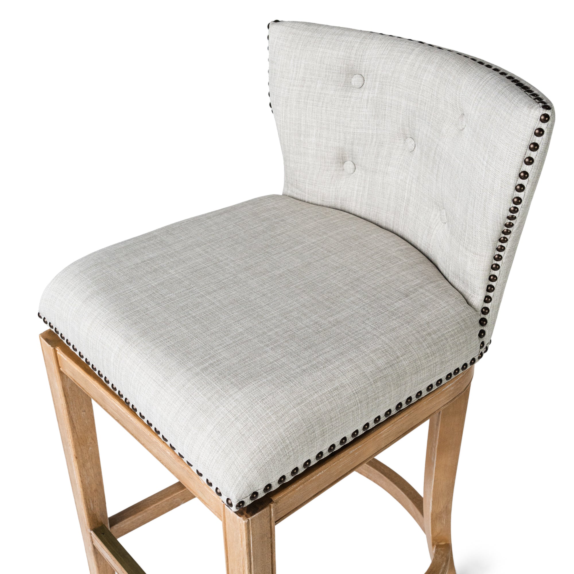 31" Hugo Bar Stool in Natural Finish with Light Grey Fabric Upholstery in Maven Lane by Maven Lane