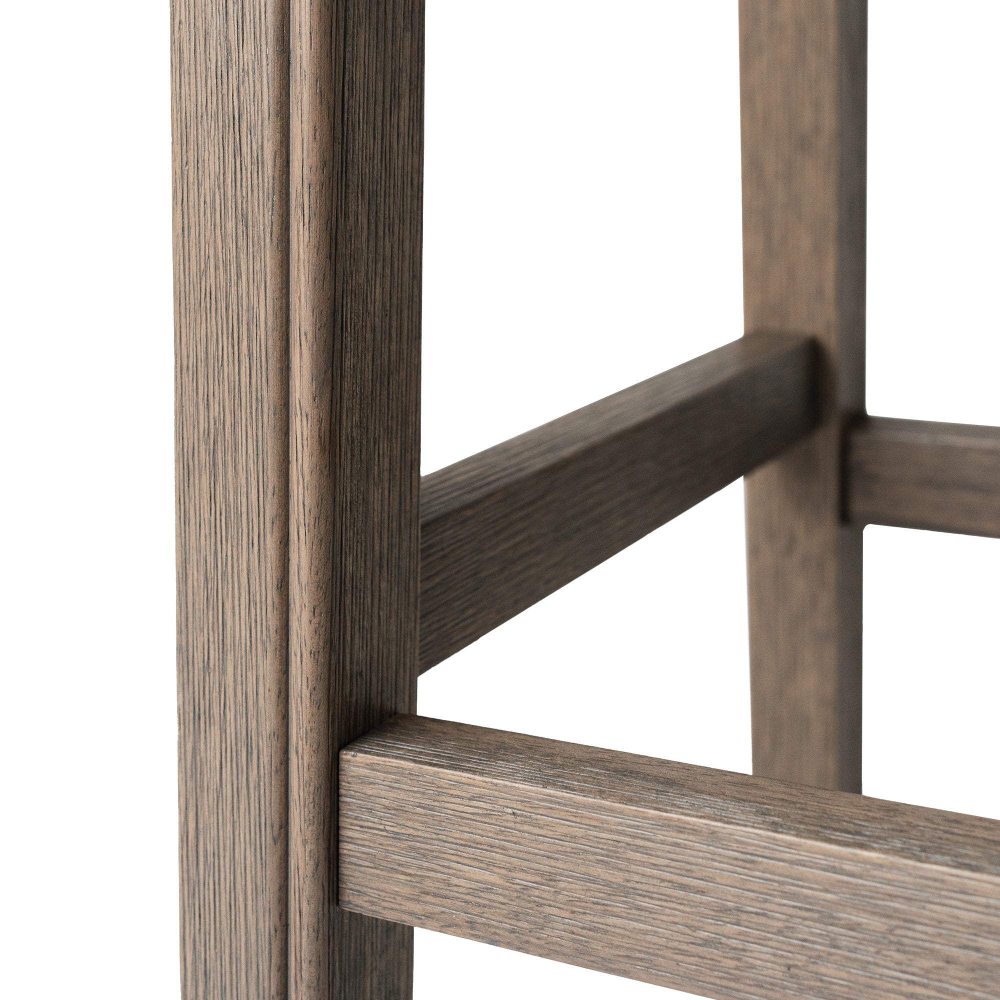 Adrien Saddle Bar Stool In Reclaimed Oak Finish With Ash Grey Fabric Upholstery in Stools by Maven Lane