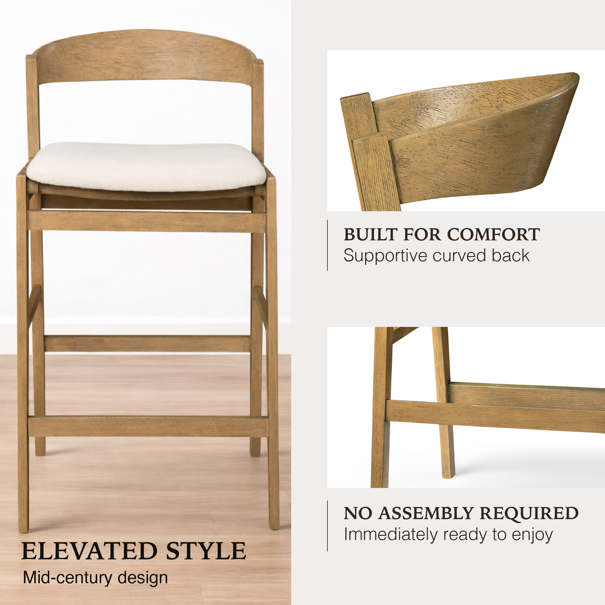 Harbor Counter Stool in Aged Natural with Light Beige Fabric Upholstery in Maven Lane by Maven Lane