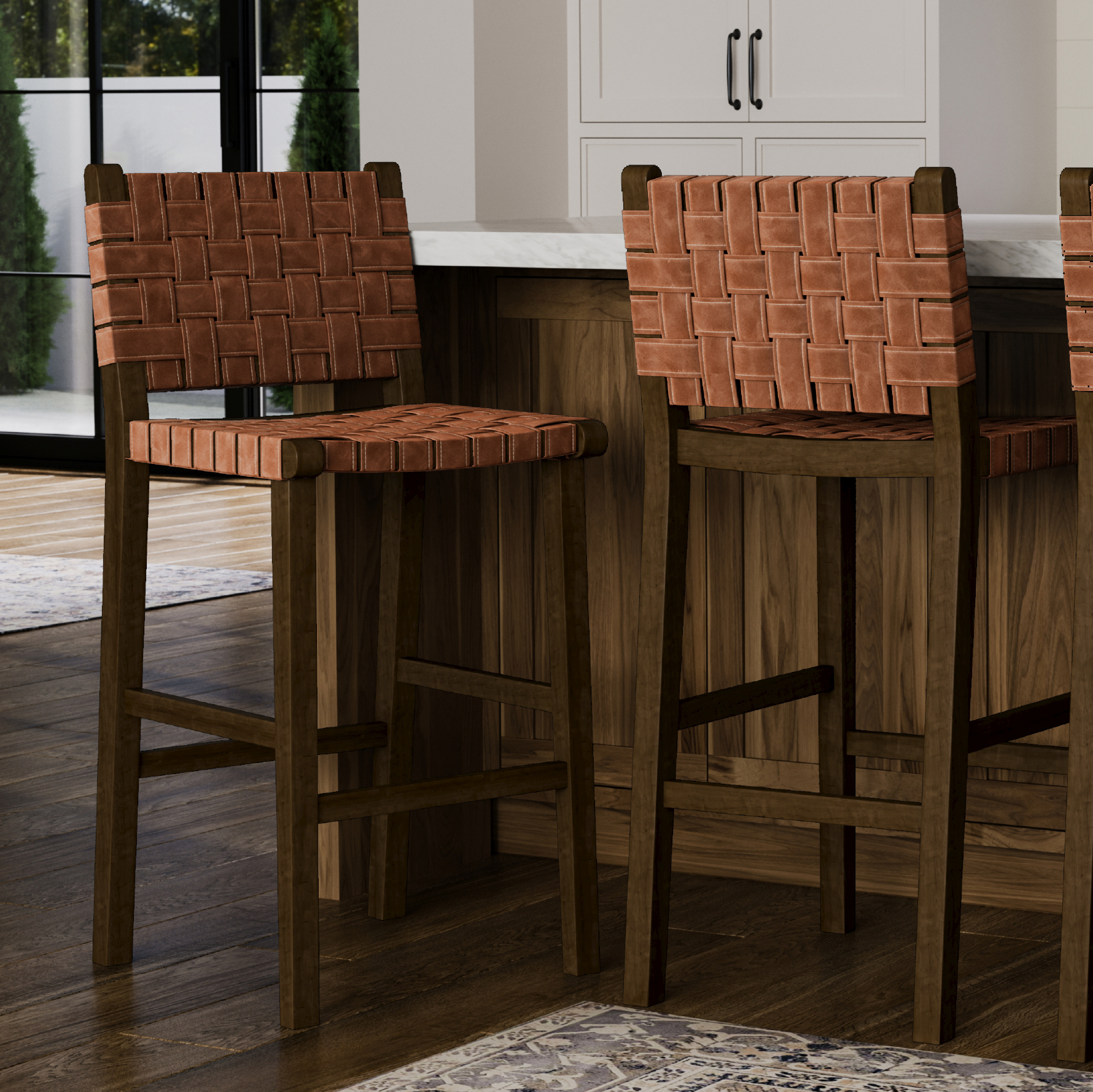 31" Noah Bar Stool In Brown Finish & Brown Woven Faux Leather Seat in Stools by Maven Lane
