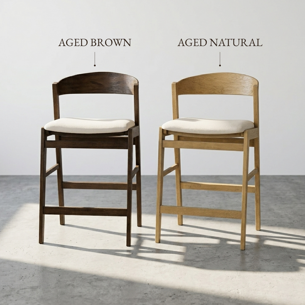Harbor Counter Stool in Aged Brown with Light Beige Fabric Upholstery in Maven Lane by Maven Lane