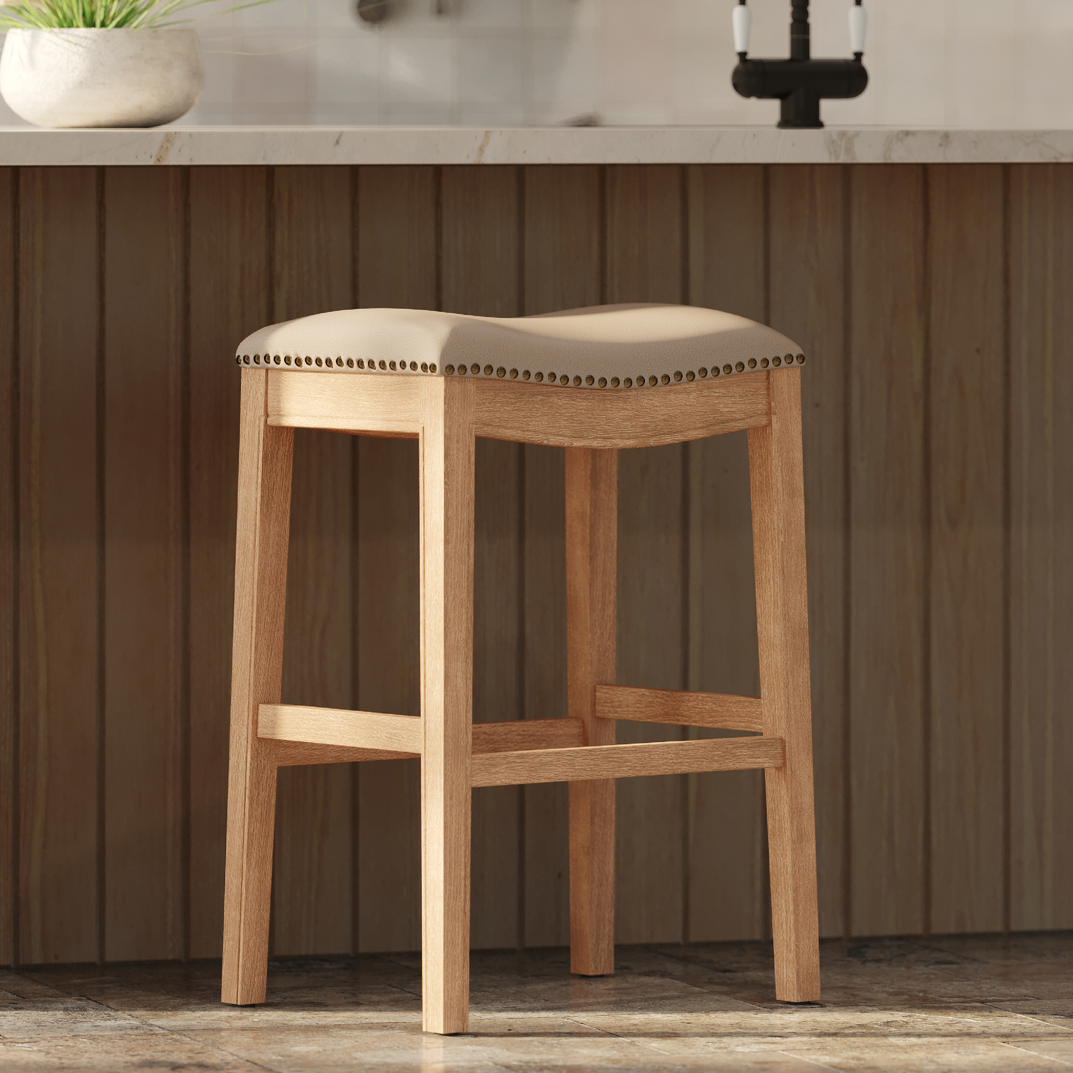 Adrien Saddle Bar Stool In Weathered Oak Finish With Avanti Bone Vegan Leather in Stools by Maven Lane