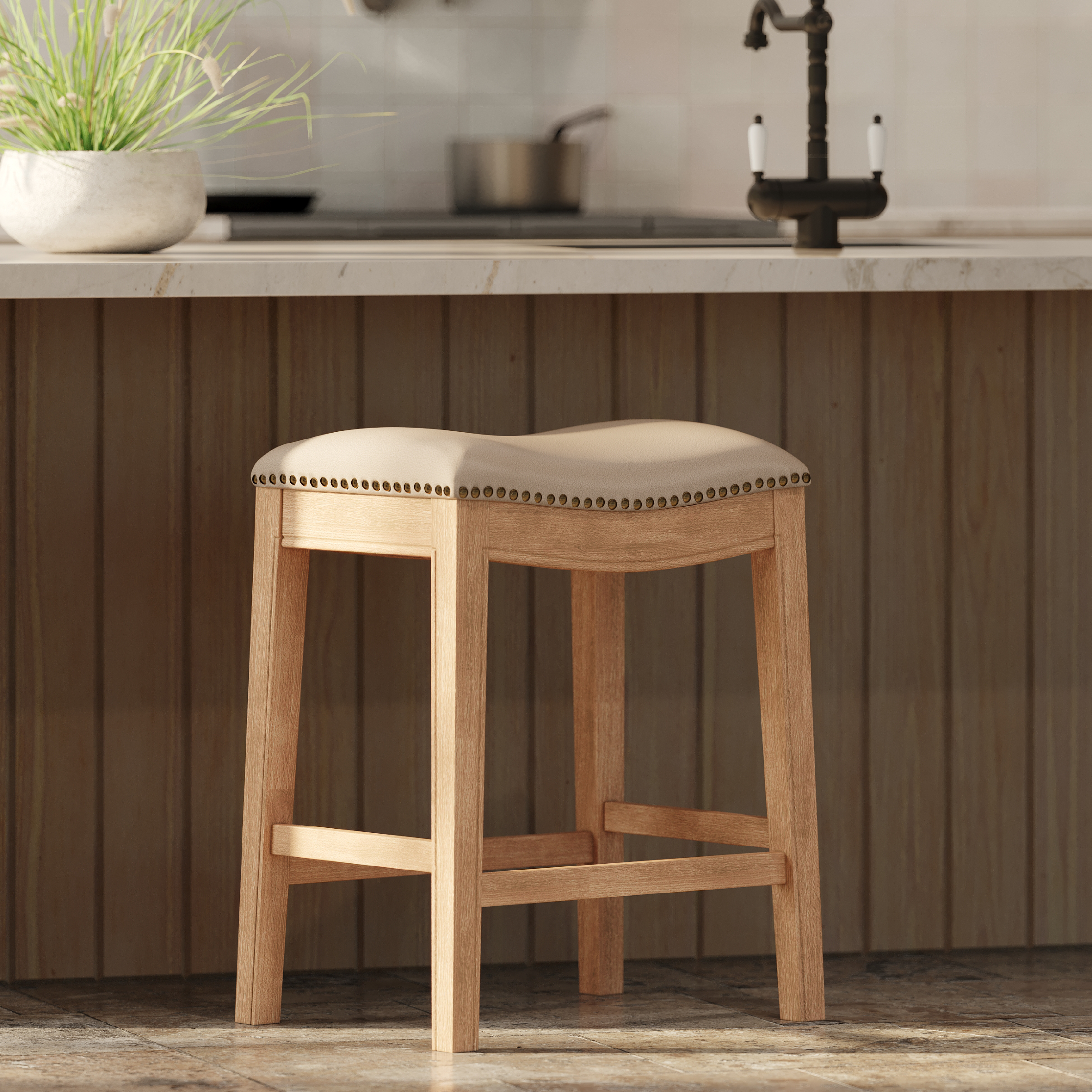 Adrien Saddle Counter Stool in Weathered Oak Finish with Avanti Bone Vegan Leather in Stools by Maven Lane