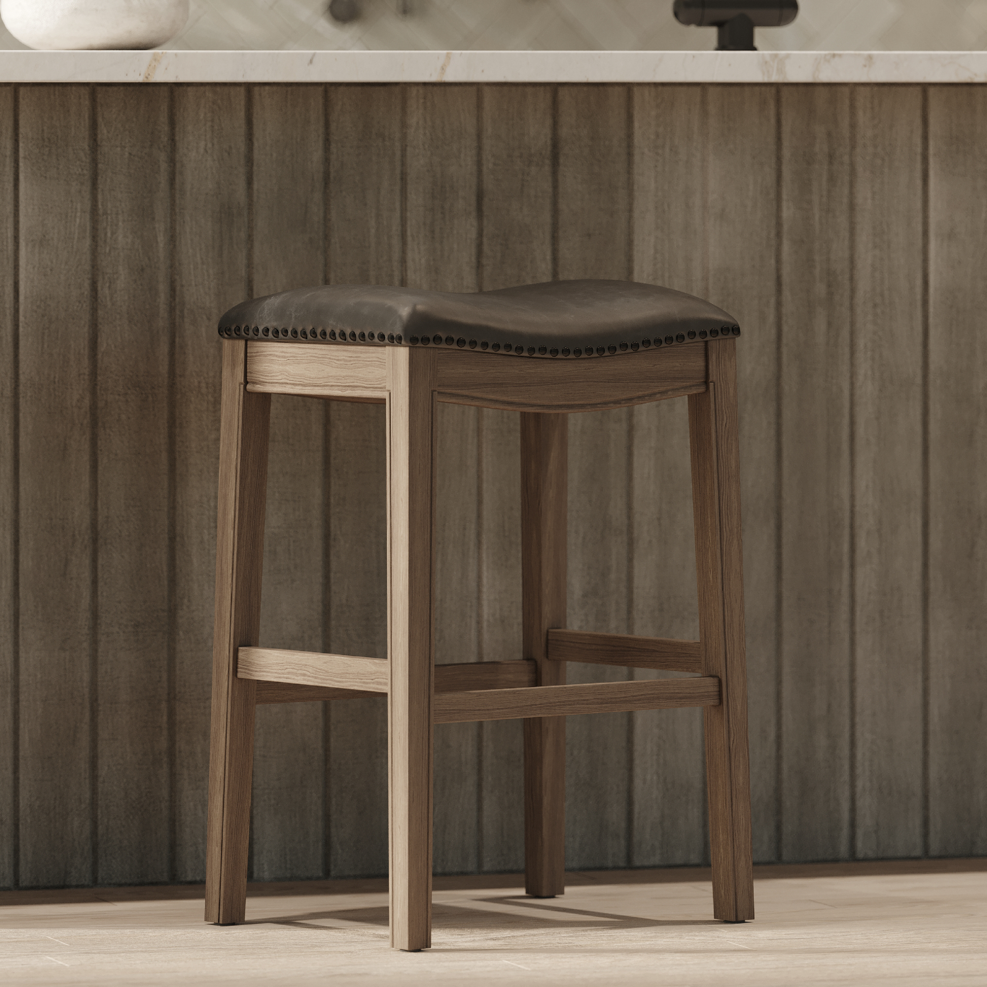 Adrien Saddle Bar Stool In Reclaimed Oak Finish With Ronan Stone Vegan Leather in Stools by Maven Lane