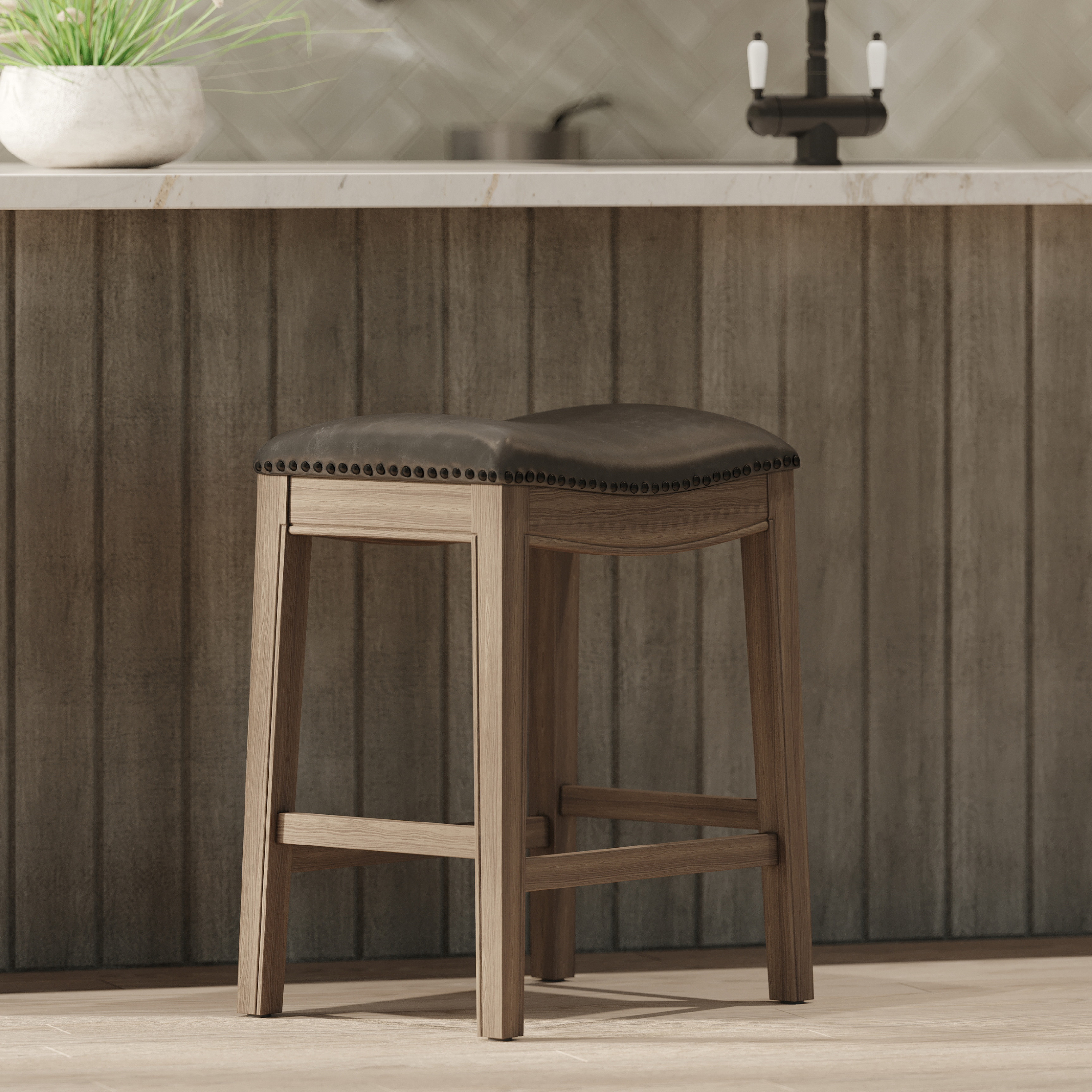 Adrien Saddle Counter Stool In Reclaimed Oak Finish With Ronan Stone Vegan Leather in Stools by Maven Lane