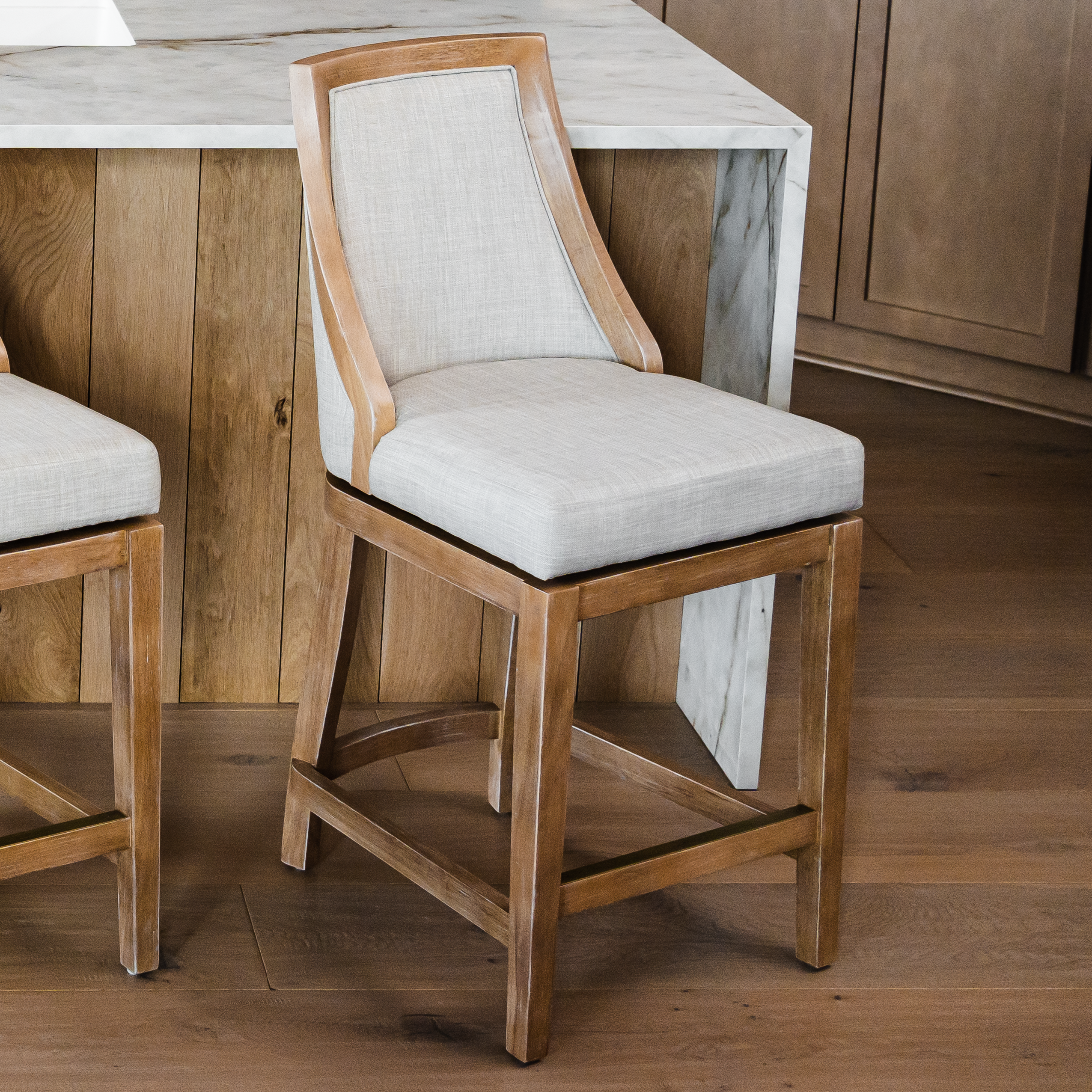 26" Vienna Swivel Counter Stool in Weathered Oak Finish with Sand Color Fabric Upholstery in Stools by Maven Lane