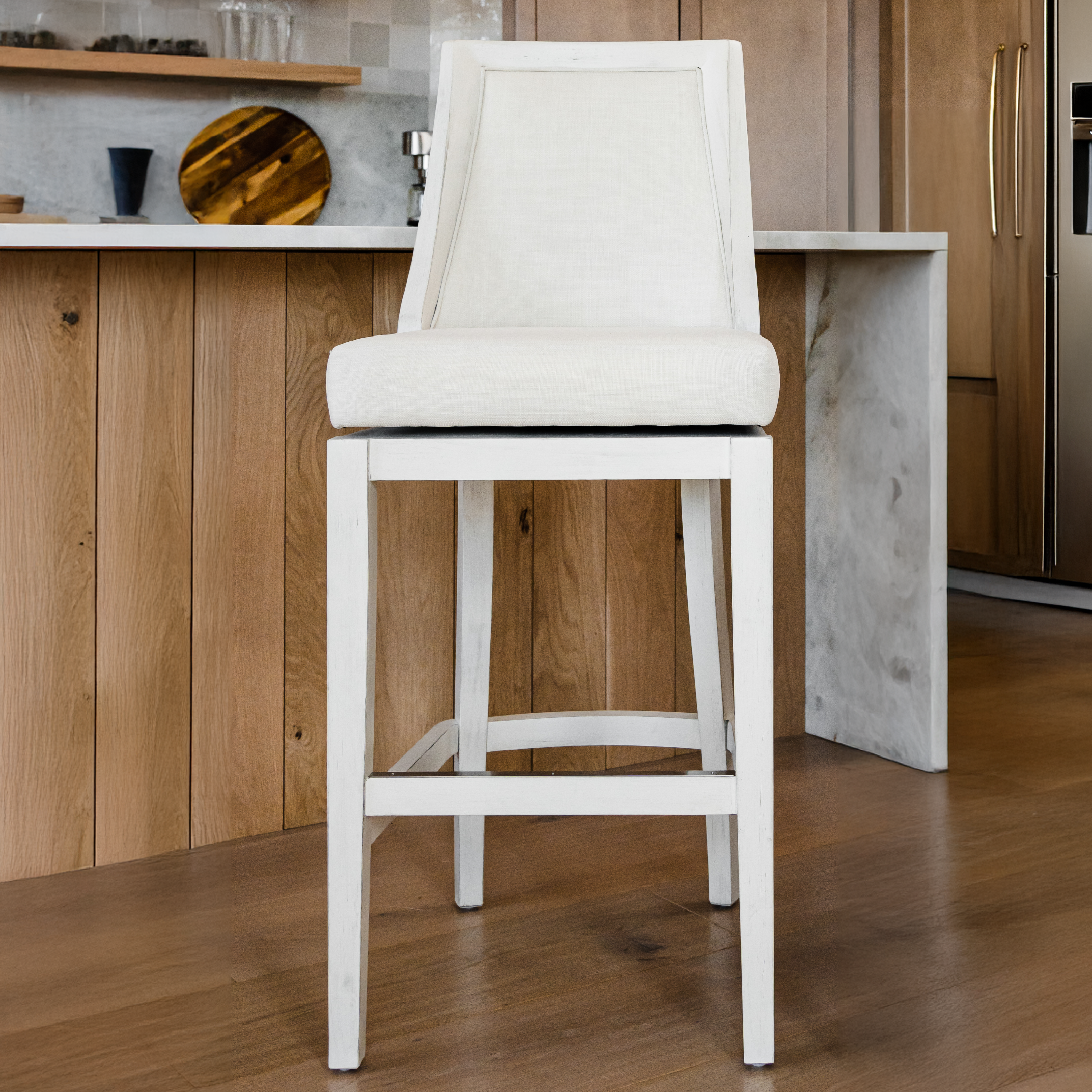31" Vienna Swivel Bar Stool in White Oak Finish with Natural Fabric Upholstery in Stools by Maven Lane