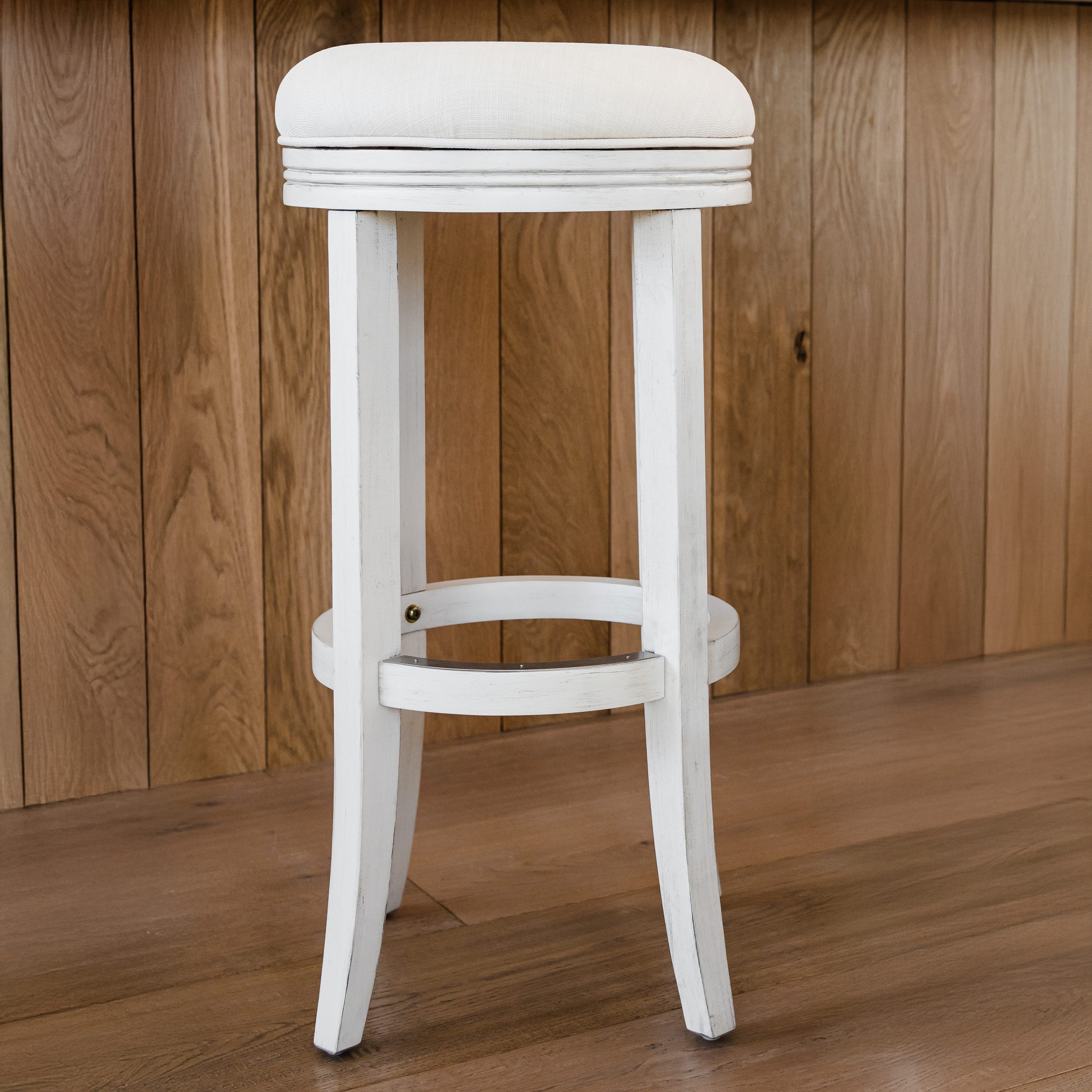 Eva Swivel Bar Stool in White Oak Finish with Natural Fabric Upholstery in Stools by Maven Lane