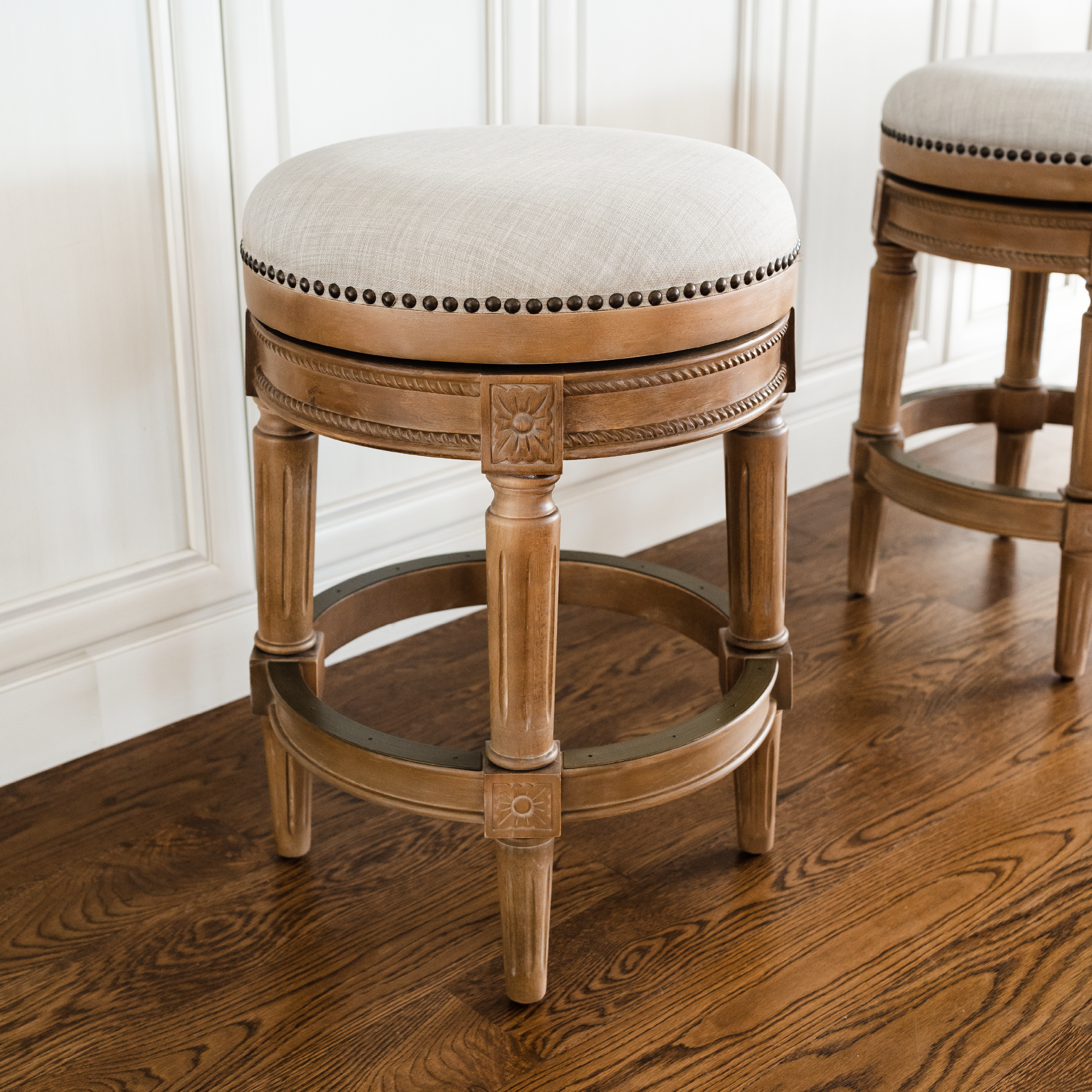 Pullman Backless Counter Stool In Weathered Oak Finish With Sand Color Fabric Upholstery in Stools by Maven Lane