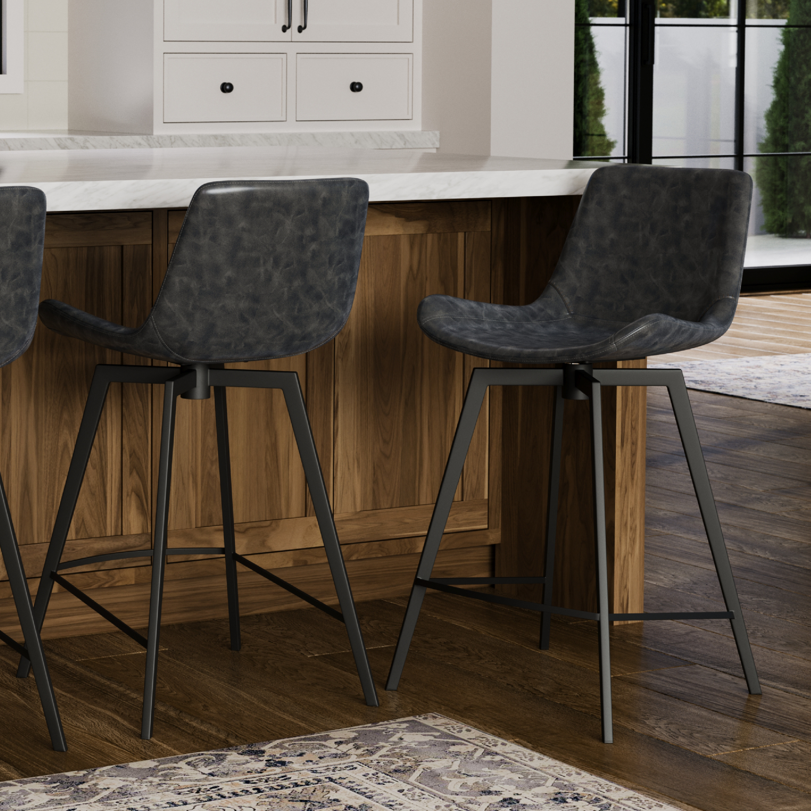 Victor Swivel Counter Height Kitchen Stool - Matte Black Frame With Charcoal Vegan Leather in Stools by Maven Lane