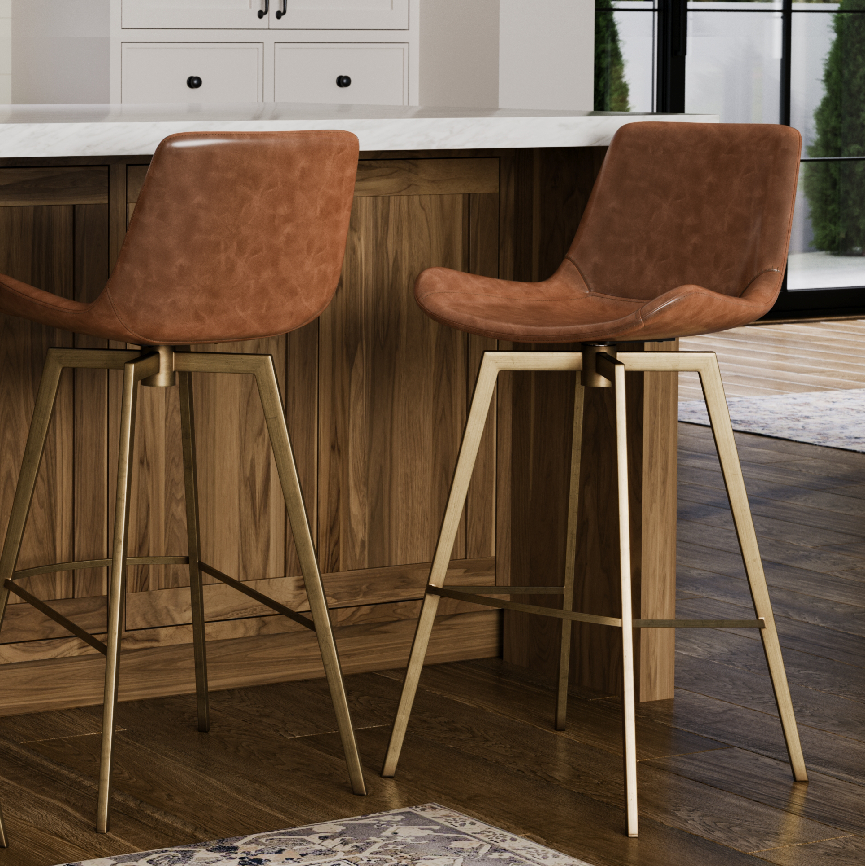 30" Victor Bar Stool in Antiqued Brass Frame with Cocoa Brown Vegan Leather in Maven Lane by Maven Lane