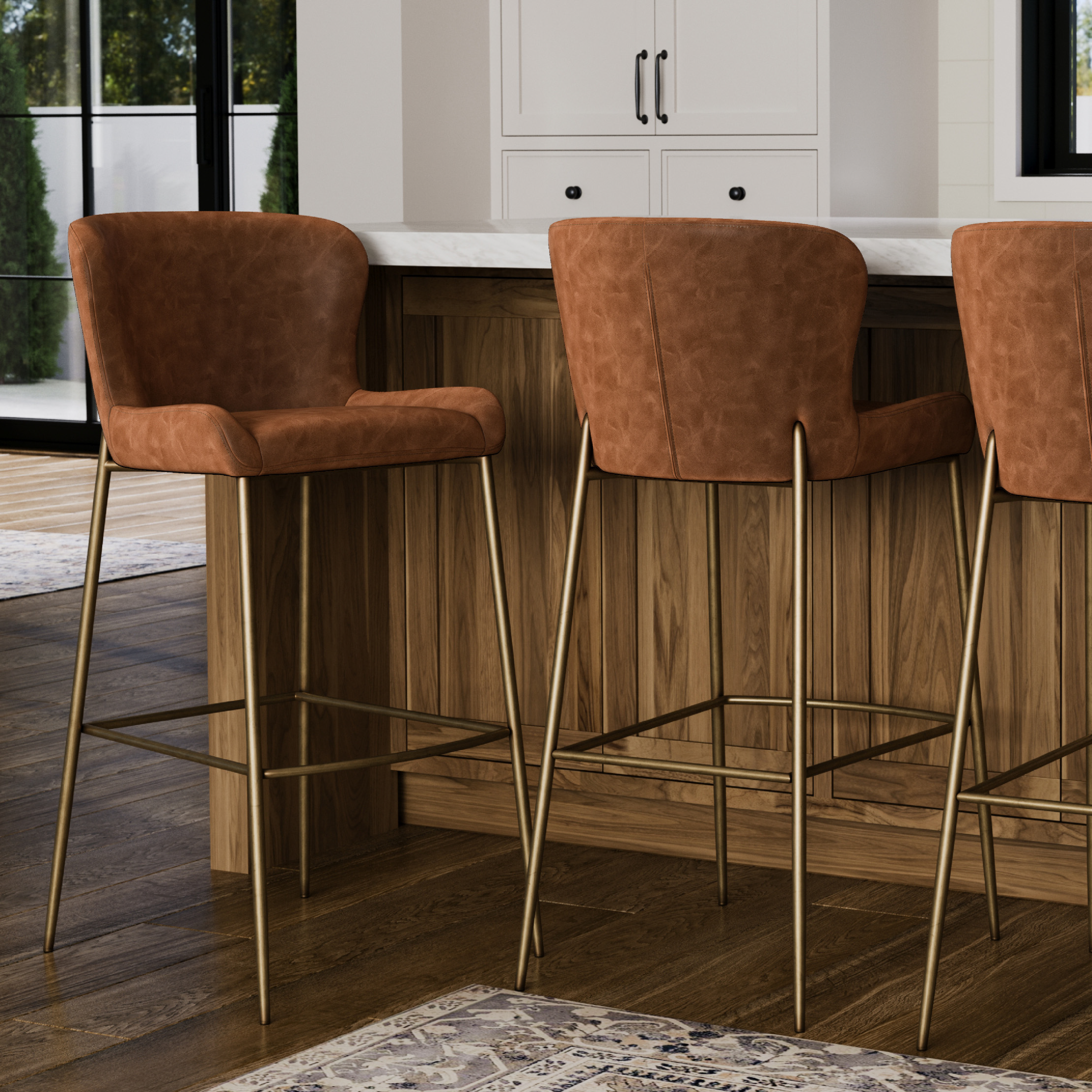 31" Naomi Bar Stool in Antique Brass Finish with Cocoa Brown Vegan Leather Upholstery in Maven Lane by Maven Lane
