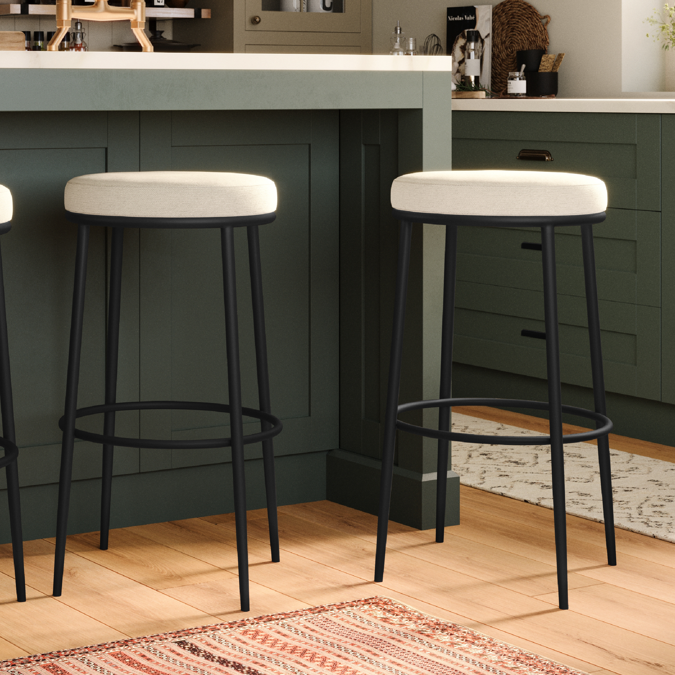 Stella Bar Stool In Matte Black Finish With Snow White Fabric Upholstery