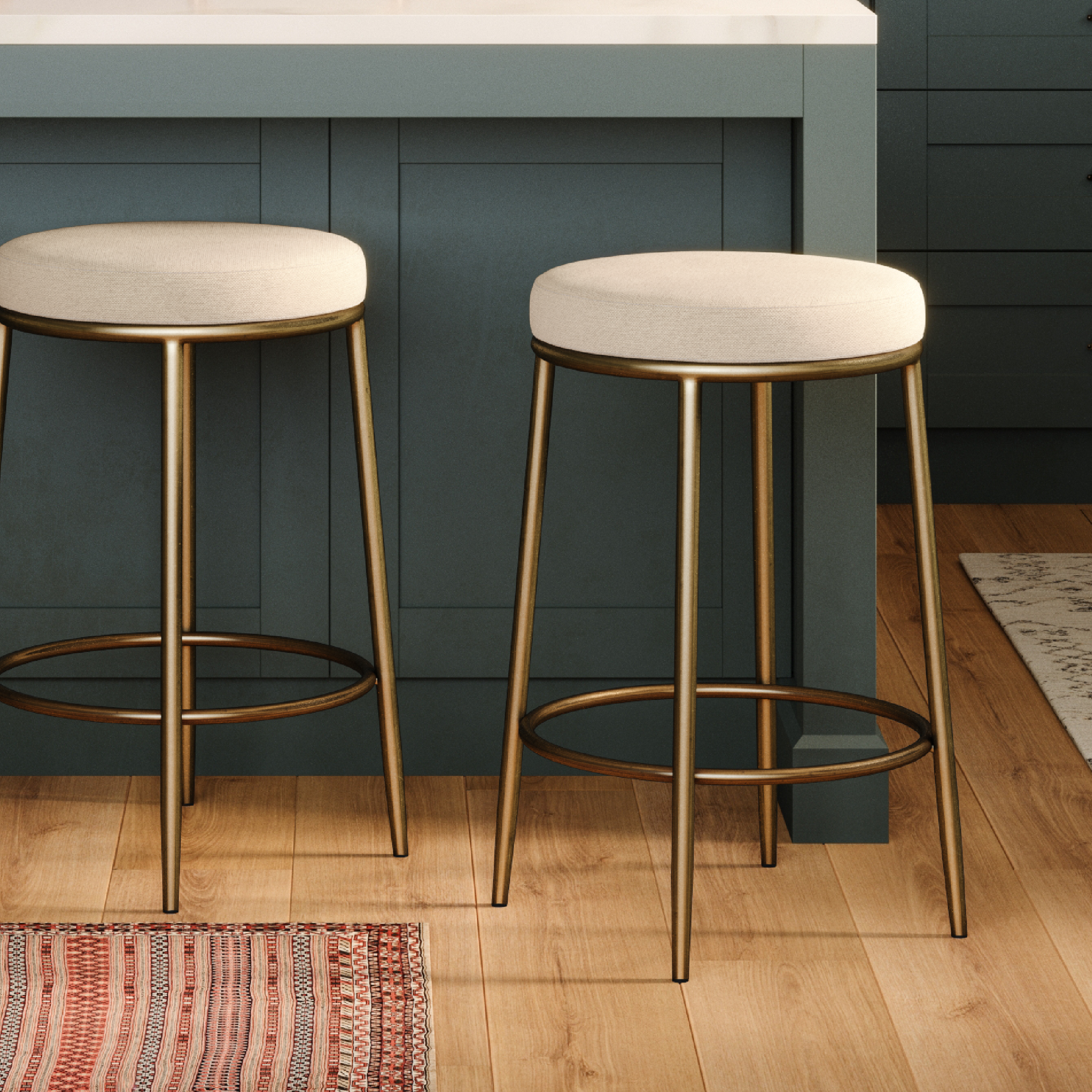Stella Counter Height Kitchen Stool - Antique Brass Finish With Light Beige Fabric Upholstery in Stools by Maven Lane