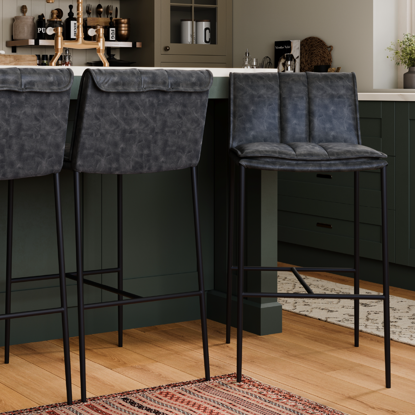 Gerard Bar Stool In Matte Black Finish With Charcoal Black Vegan Leather in Stools by Maven Lane