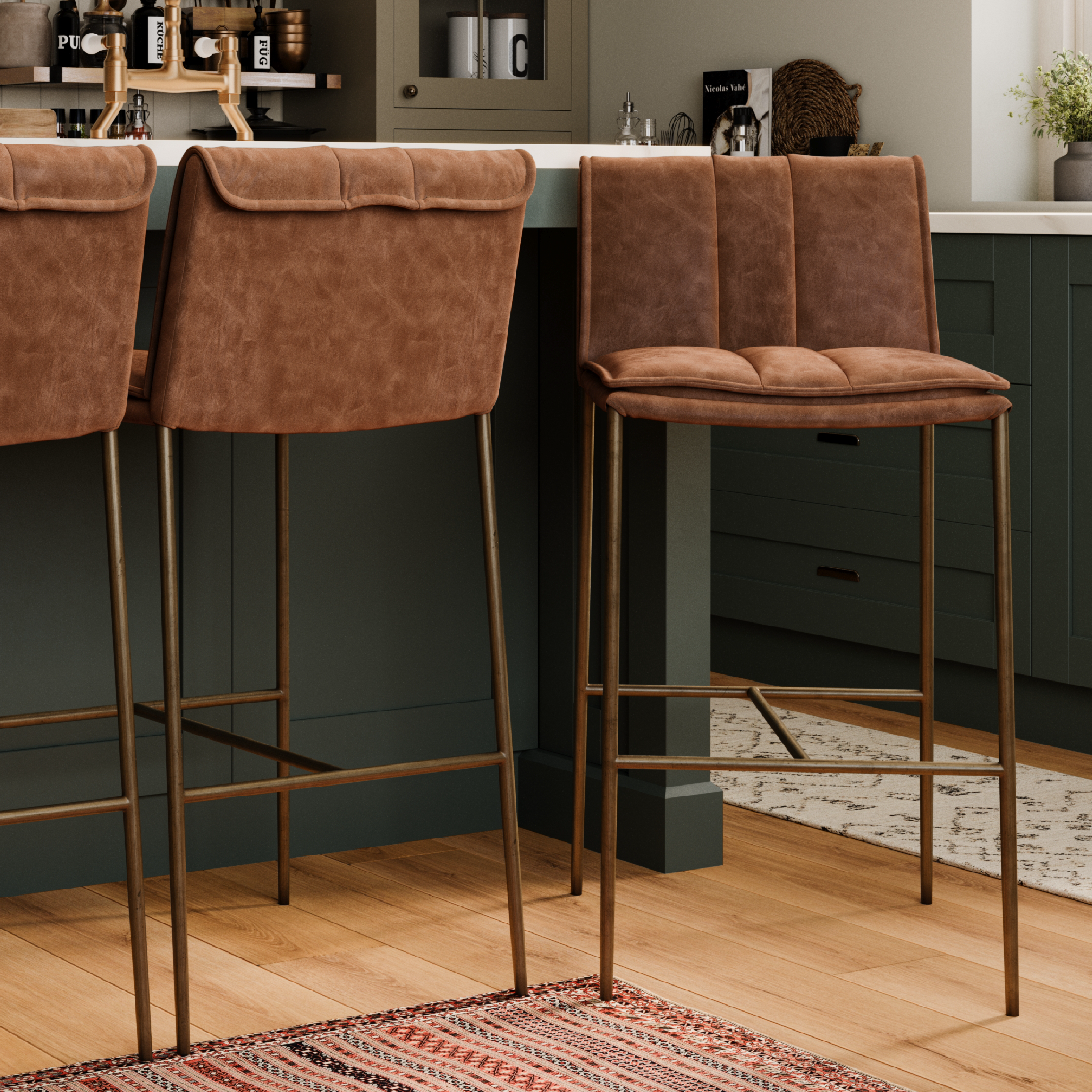29" Gerard Bar Stool in Antique Brass Finish with Cocoa Brown Vegan Leather in Maven Lane by Maven Lane