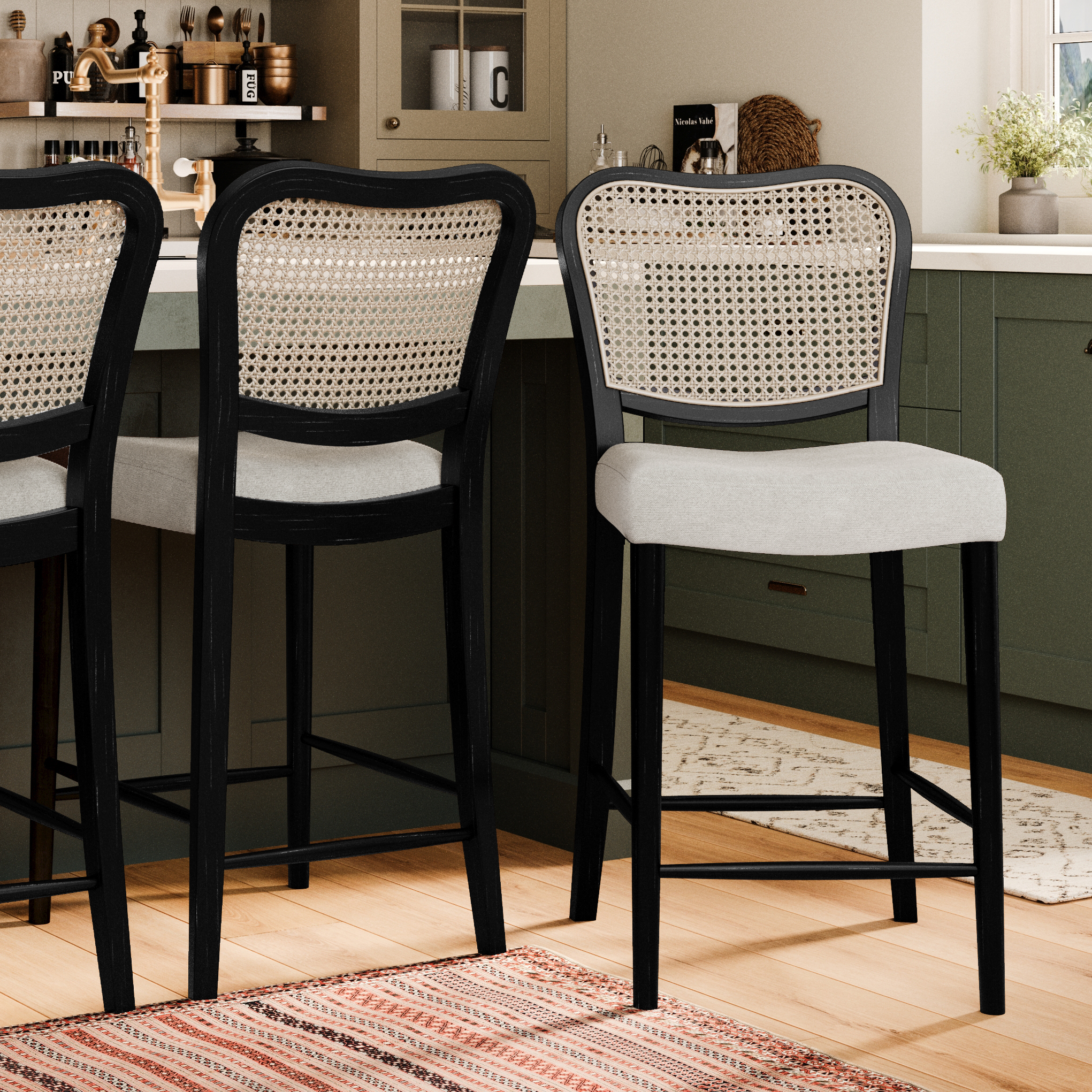 Vera Counter Height Kitchen Stool - Aged Black With Snow White Upholstery in Stools by Maven Lane