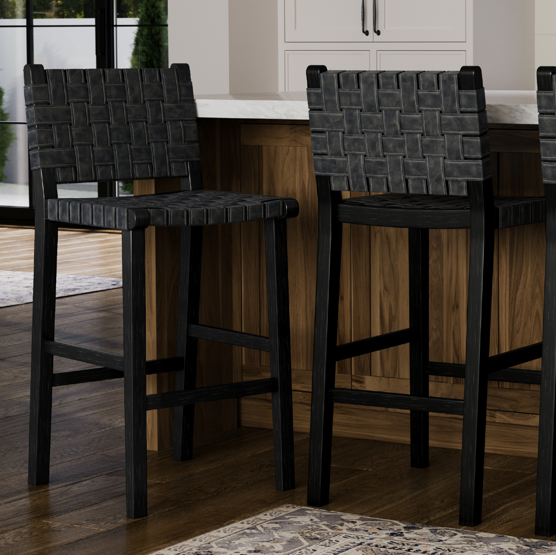 Noah Bar Stool In Aged Black Finish With Charcoal Black Vegan Leather in Stools by Maven Lane