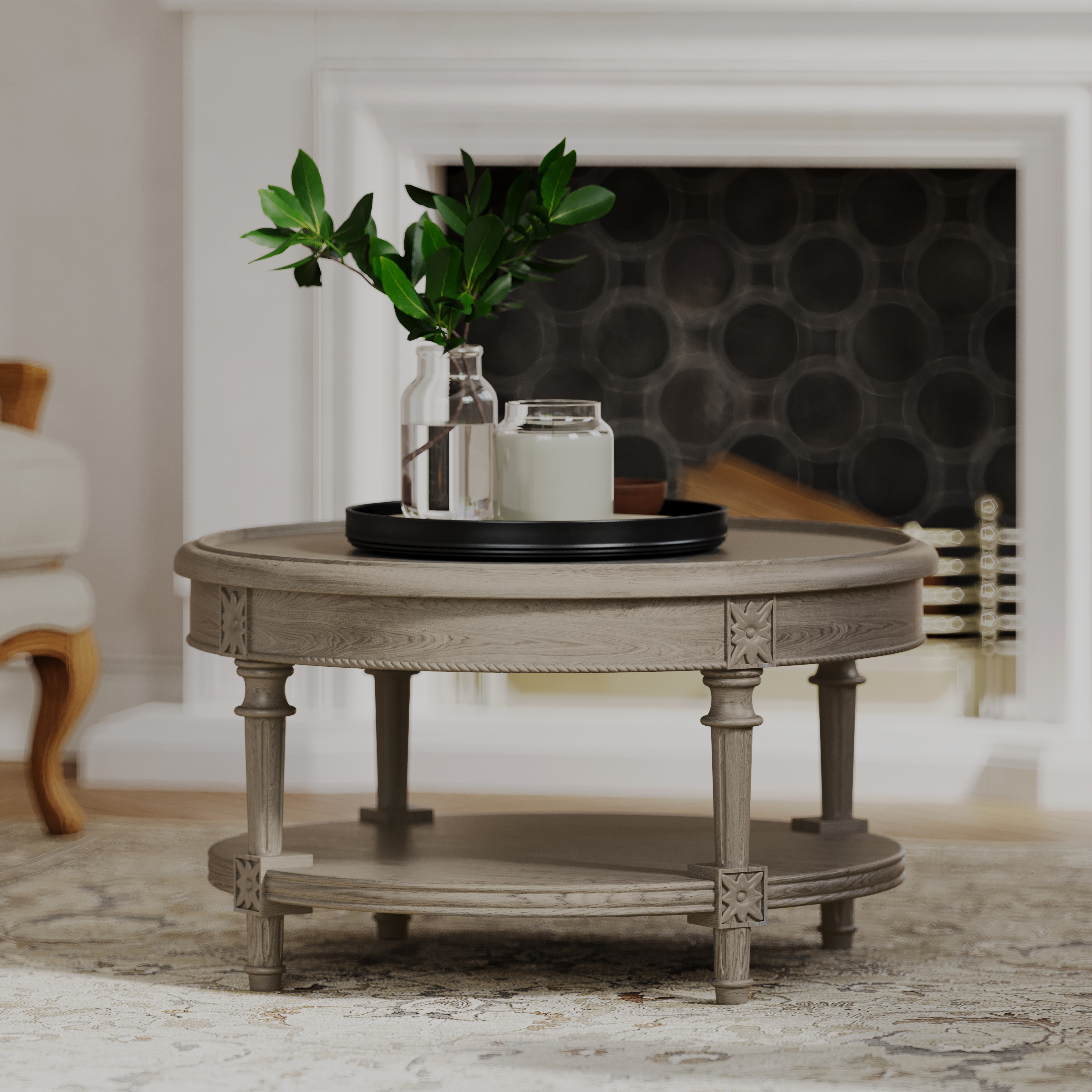 Pullman Traditional Round Wooden Coffee Table in Antiqued Grey Finish in Accent Tables by Maven Lane