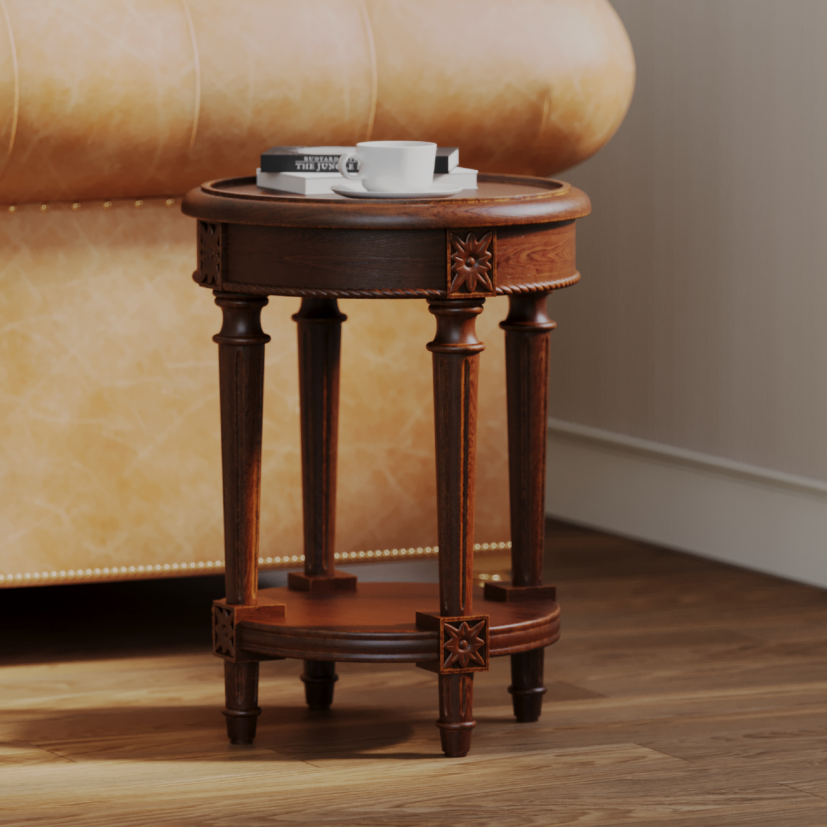 Pullman Traditional Round Wooden Side Table in Antiqued Brown Finish in Accent Tables by Maven Lane