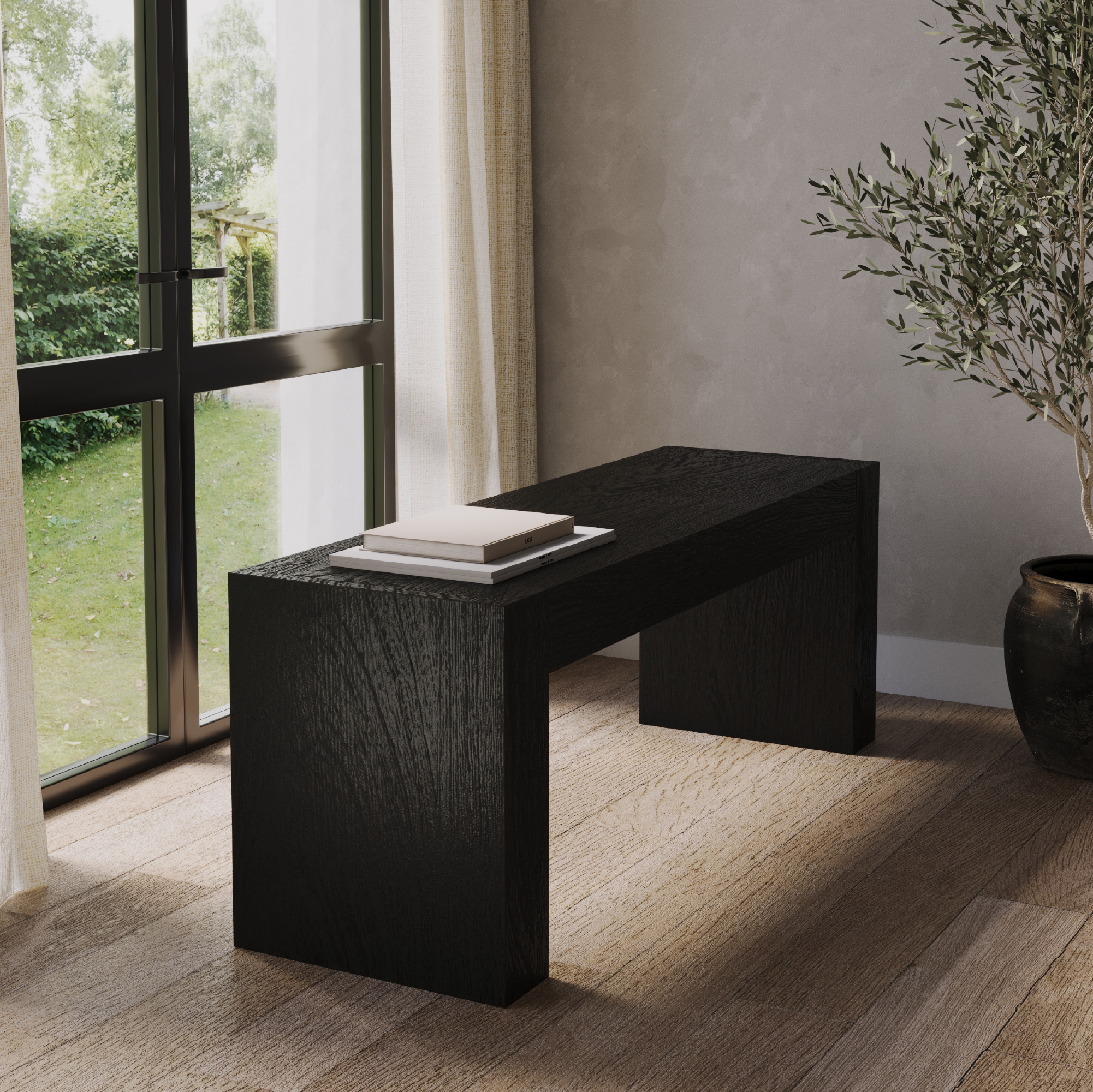 Zeno Organic Wooden Bench in Weathered Black Finish in Bench by Maven Lane