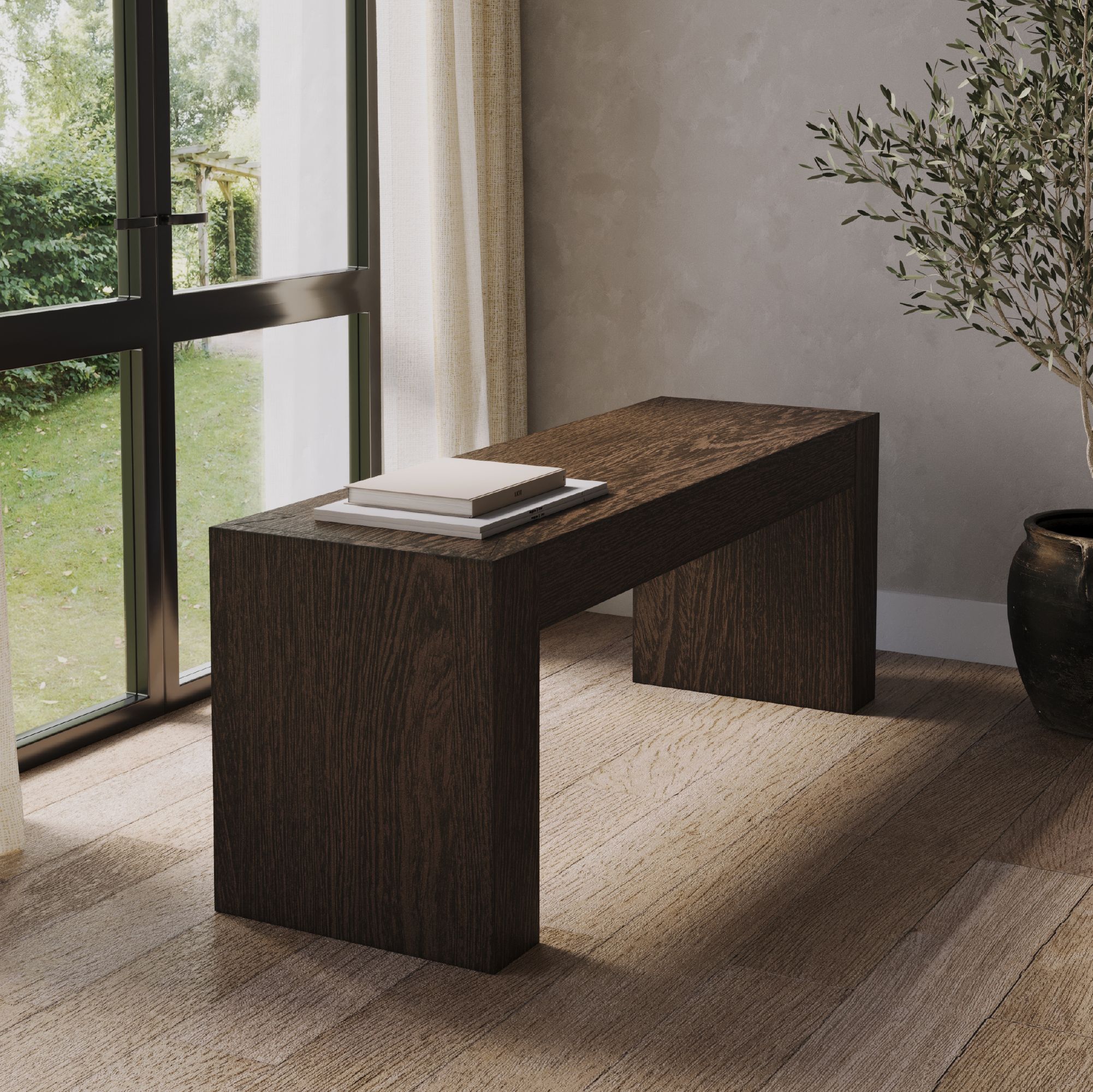 Zeno Organic Wooden Bench in Weathered Brown Finish in Bench by Maven Lane