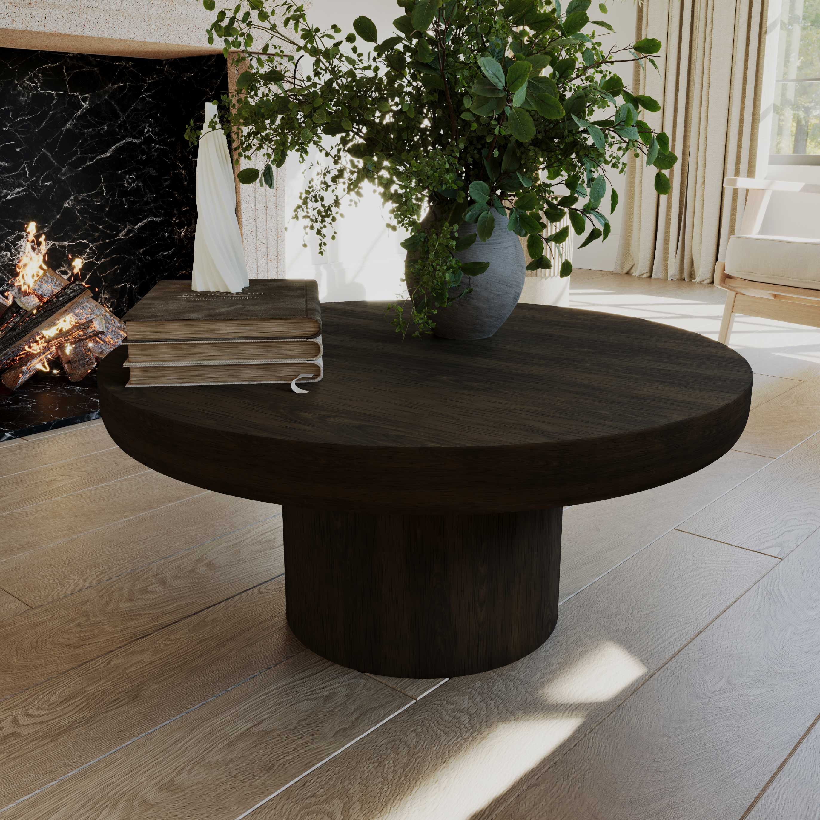 Owen Rustic Circular Wooden Coffee Table In Aged Brown in Maven Lane by Maven Lane