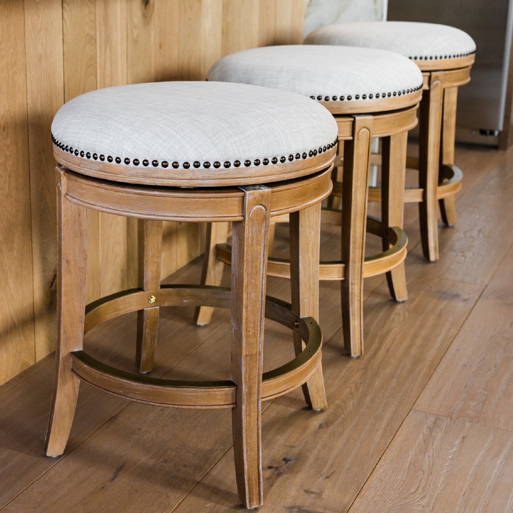 26" Alexander Backless Counter Stool in Weathered Oak Finish with Sand Color Fabric Upholstery in Stools by Maven Lane