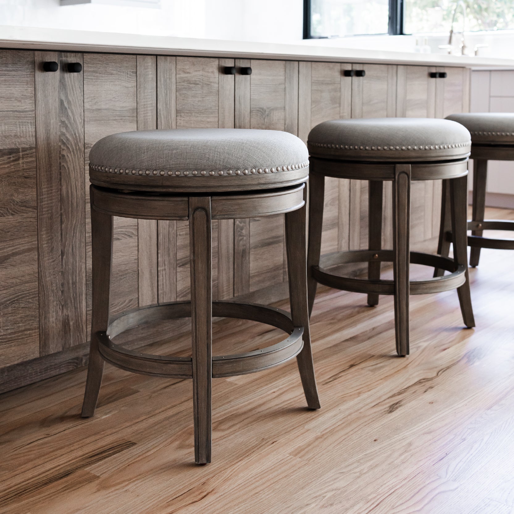 26" Alexander Backless Counter Stool in Grey Finish with Grey Fabric Upholstery in Stools by Maven Lane