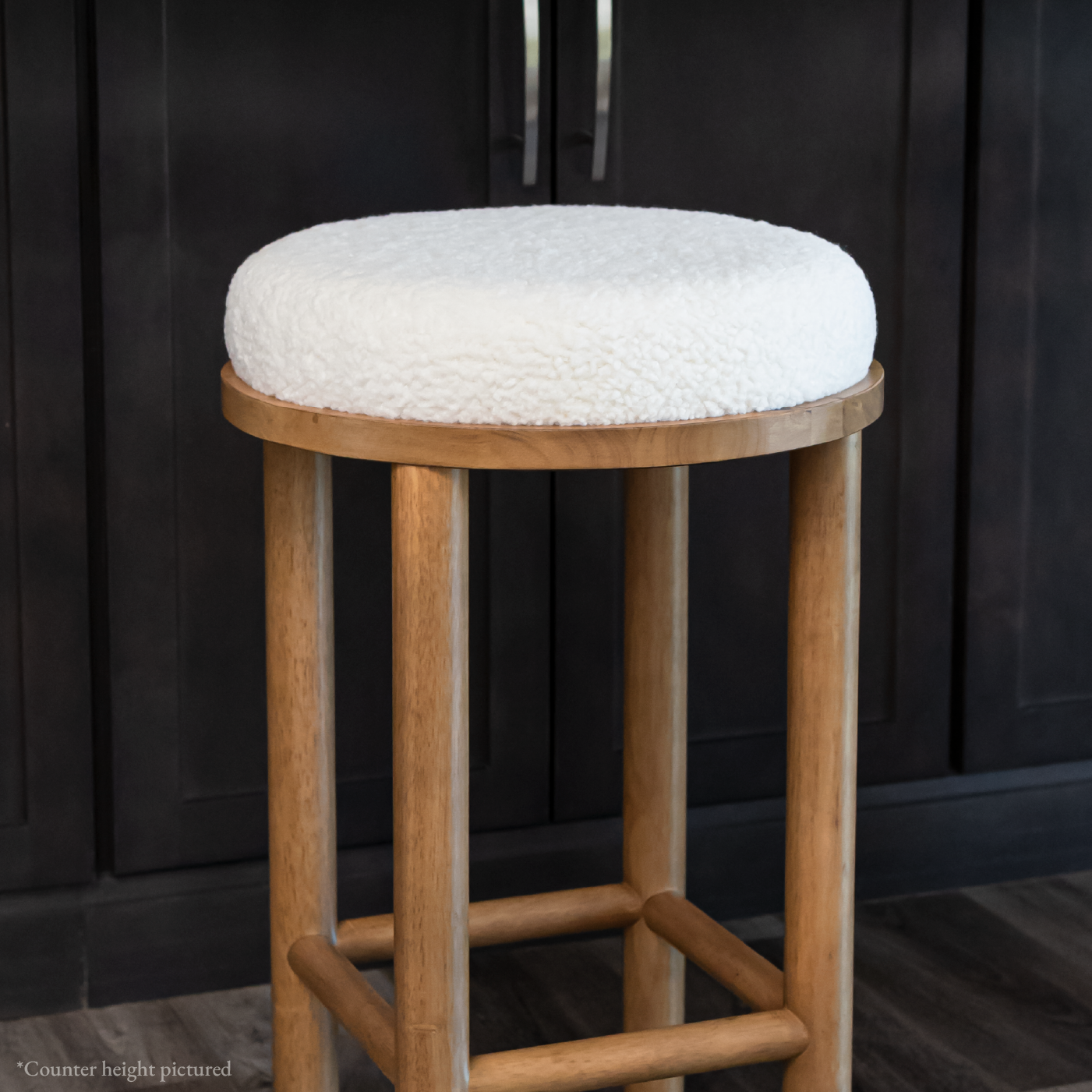 31" Clara Bar Stool in Aged Natural Wood Finish with White Boucle Fabric