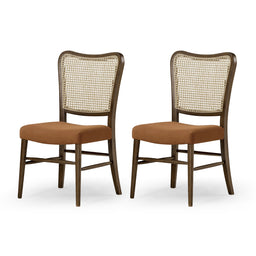 Vera Dining Chair in Brown Finish and Brown Canvas Fabric Upholstery, Set of 2