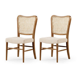 Vera Dining Chair in Natural Finish with Beige Linen Fabric, Set of 2