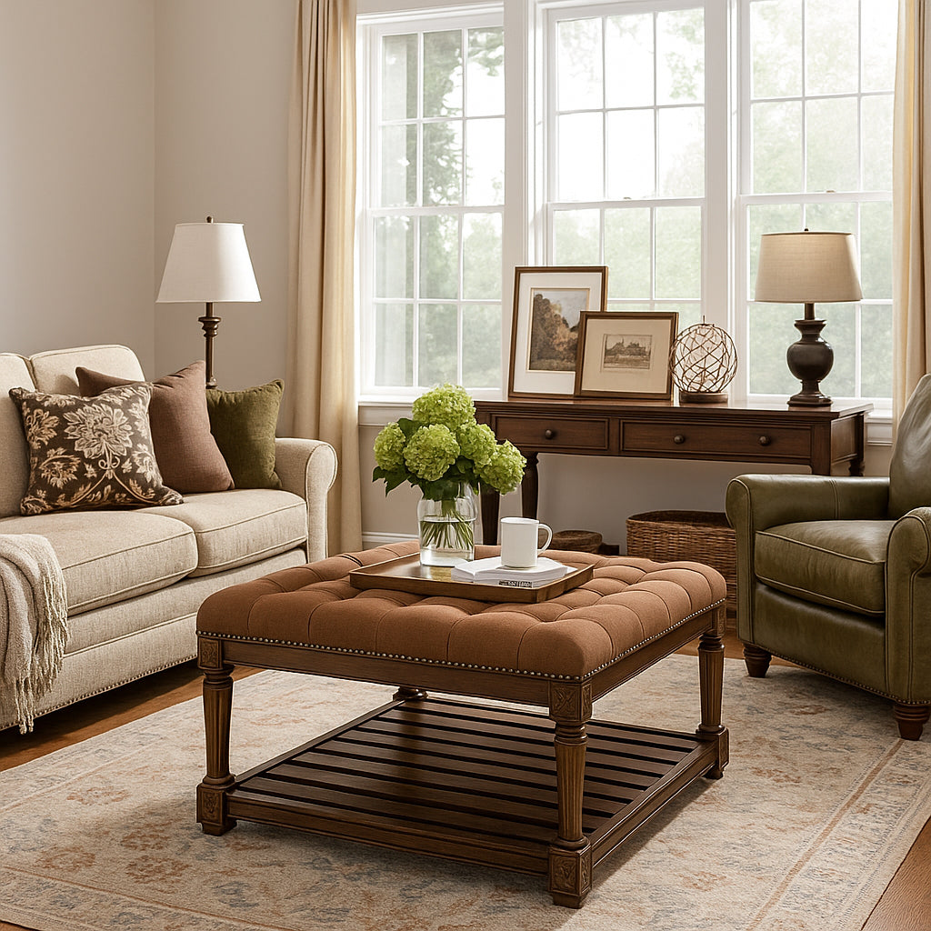 Mesa Square Upholstered Coffee Table in Aged Brown with Clay Brown Fabric