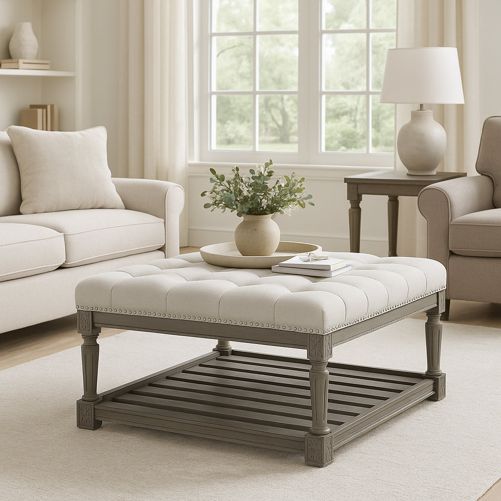 Mesa Square Upholstered Coffee Table in Aged Grey with Dove Grey Fabric