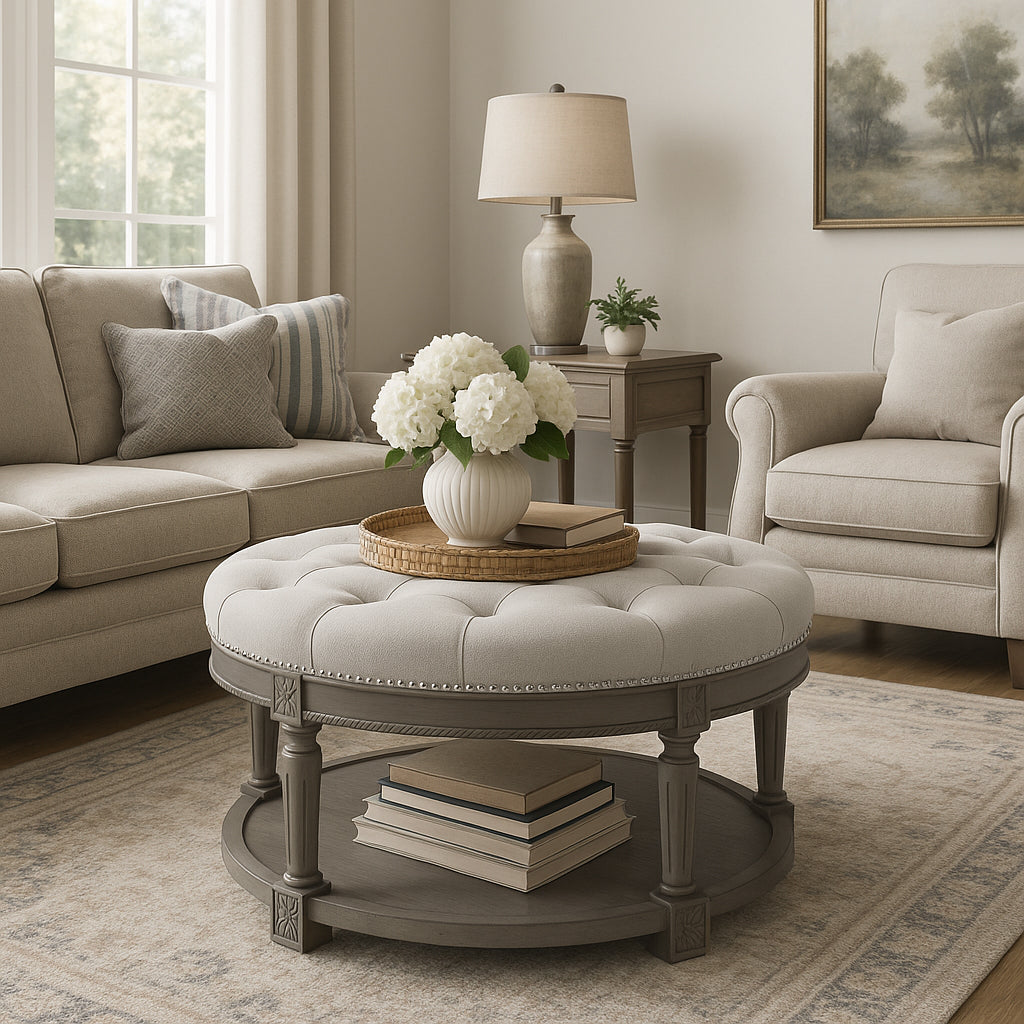 Mesa Round Upholstered Coffee Table in Aged Grey with Dove Grey Fabric